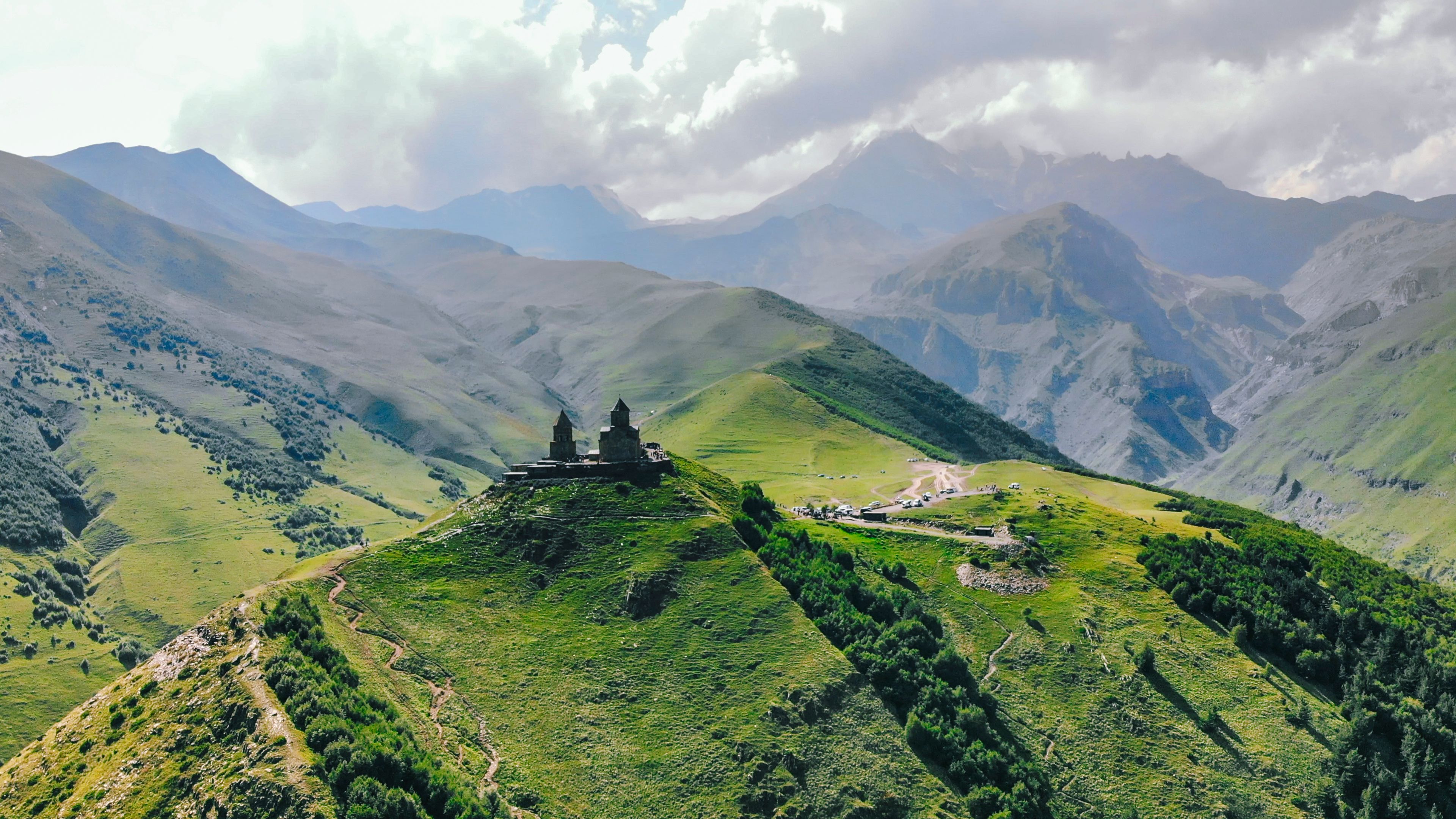 Aerial of Gergeti Trinity Church, Georgia