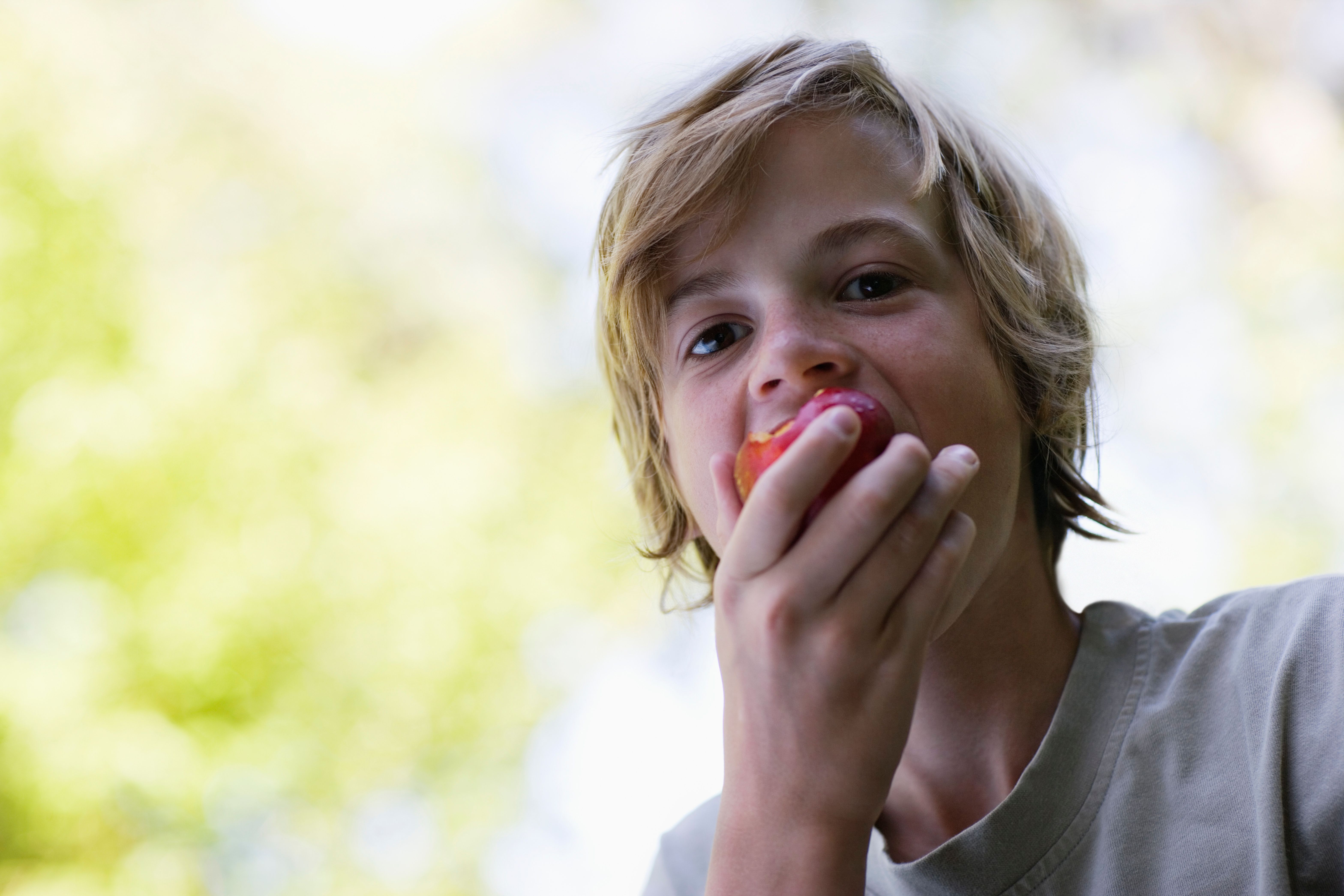 Closeup Of Boy Eating Apple Outdoors