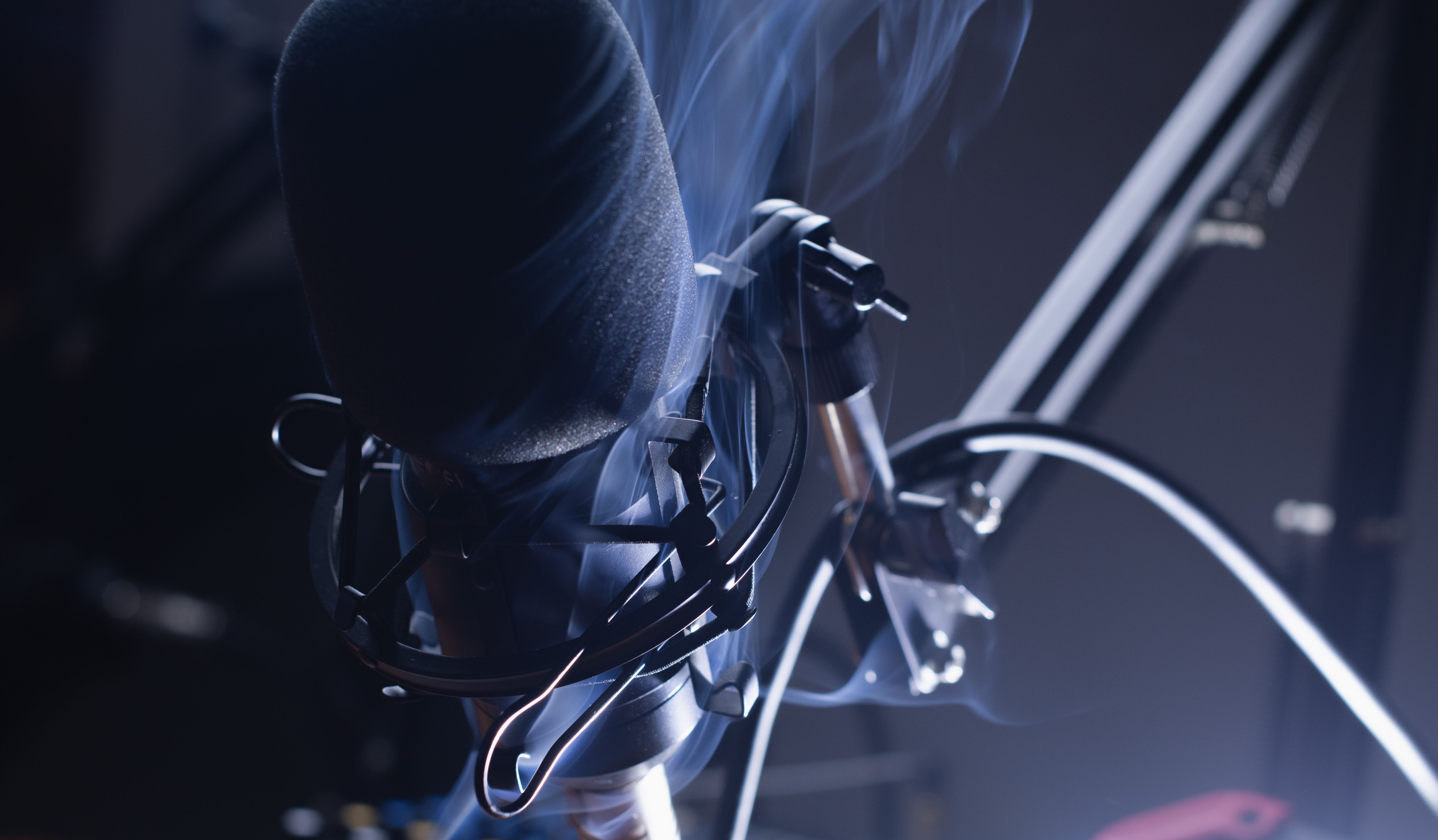 Abstract podcast equipment in smoke, abstract backgrounds, cool fun look.