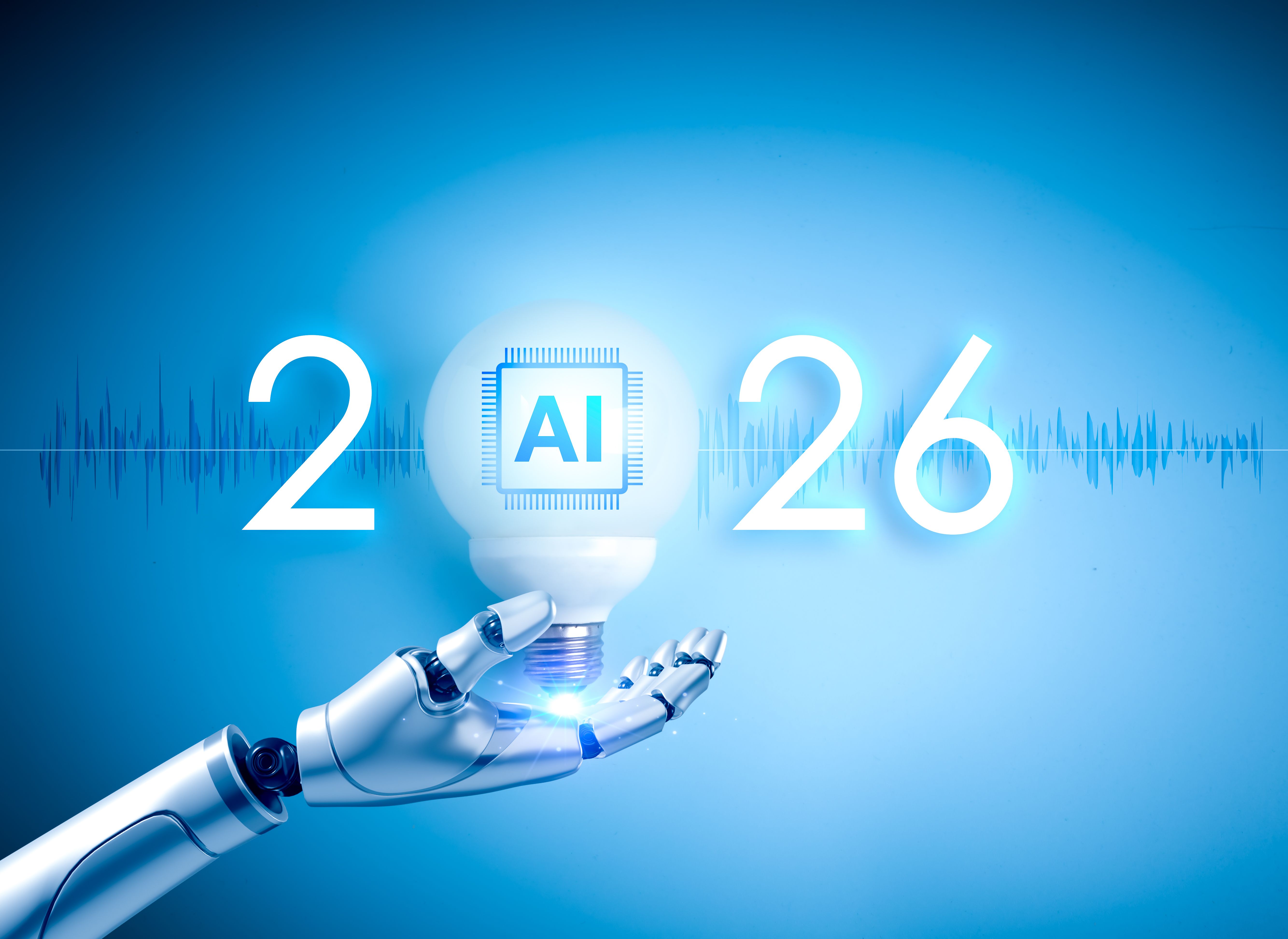Futuristic robotic hand holding big glowing AI light bulb with new year 2026 text, symbolizing advanced artificial intelligence and innovation in future technology trends and digital transformation.