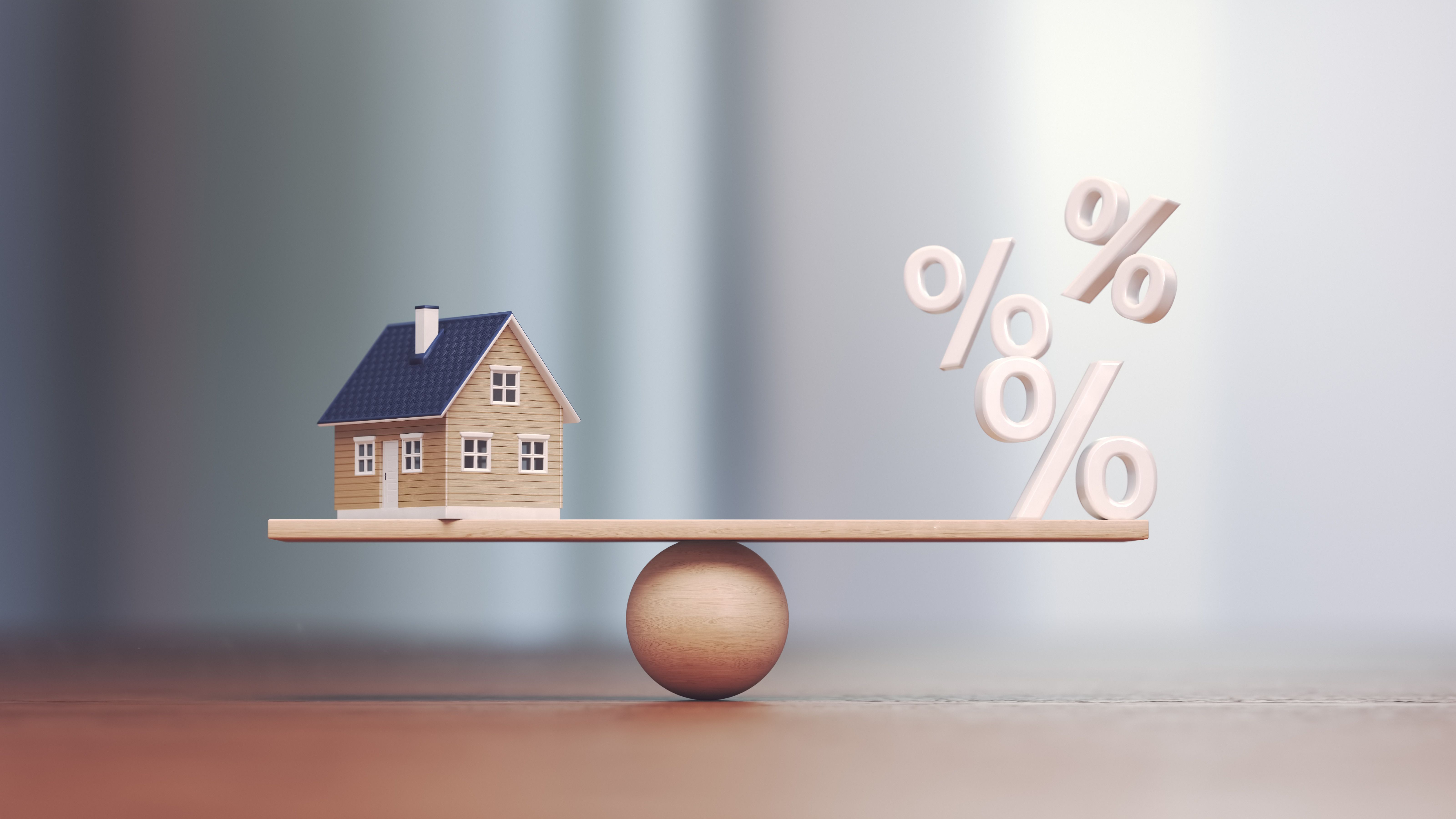 Real Estate Trading and Wooden Scales and Percentage Signs, Buying and Selling Mortgage Interest Concept