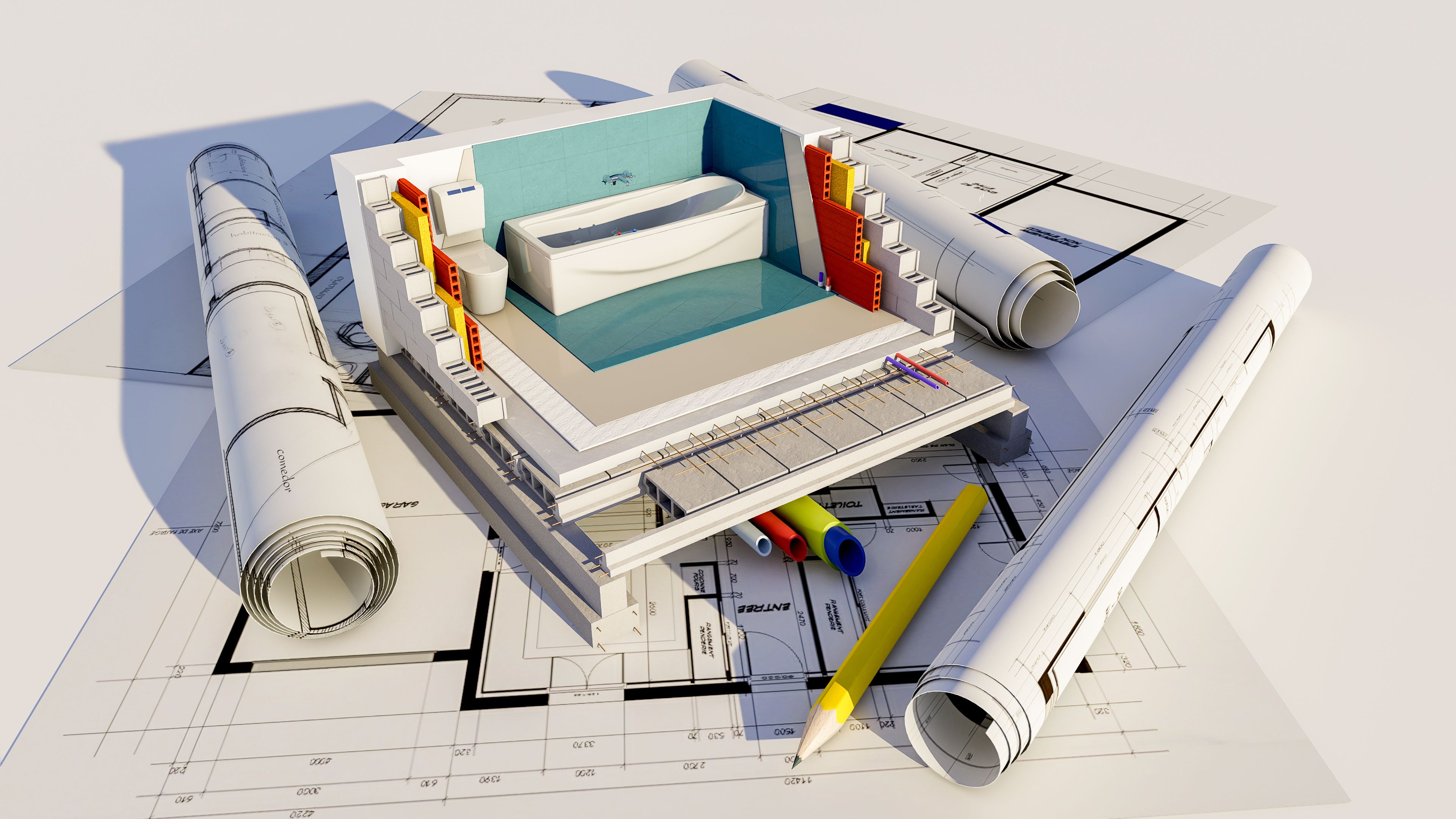 technical details of a bathroom construction in an architecture project