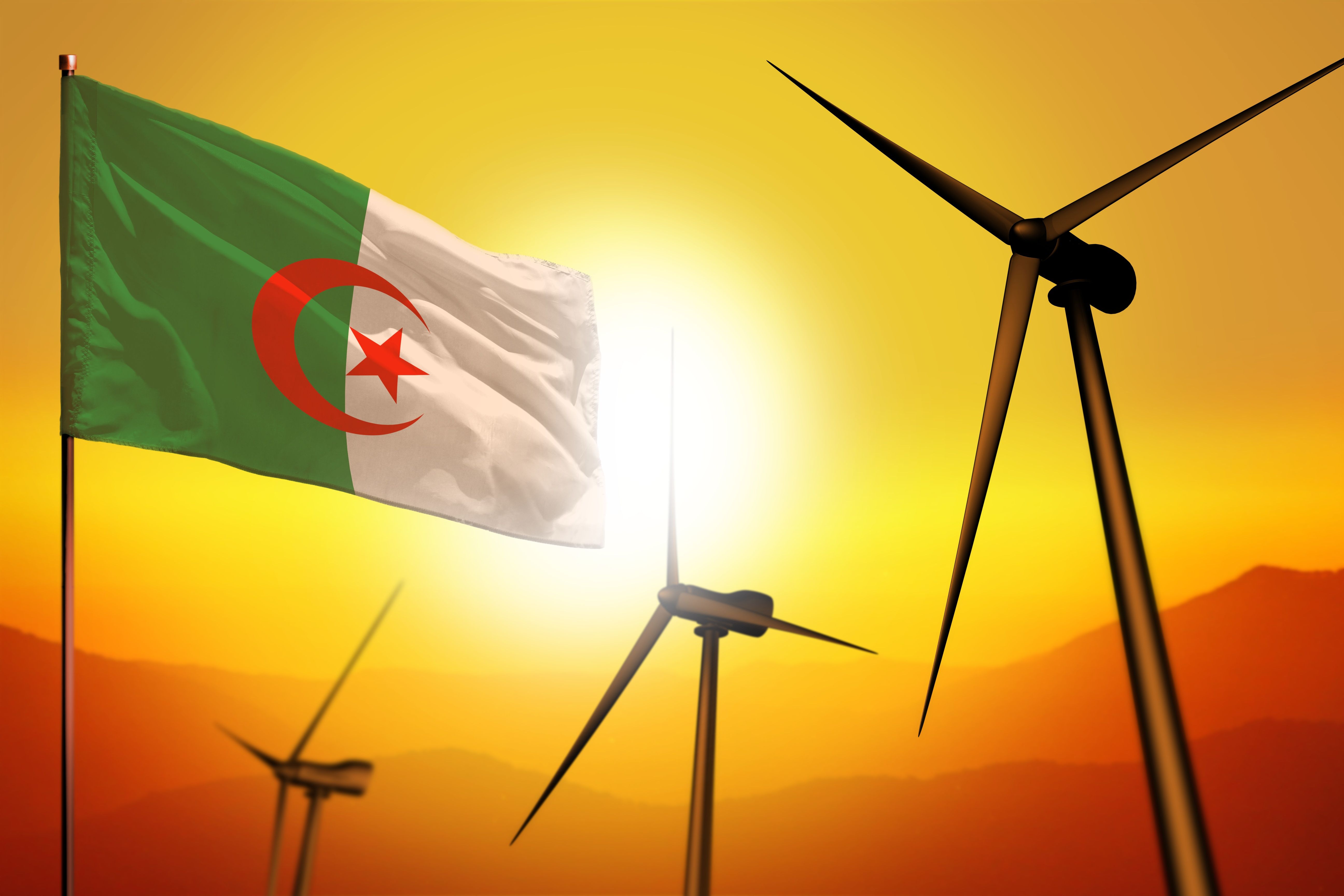 Algeria wind energy, alternative energy environment concept with wind turbines and flag on sunset industrial illustration - renewable alternative energy, 3D illustration