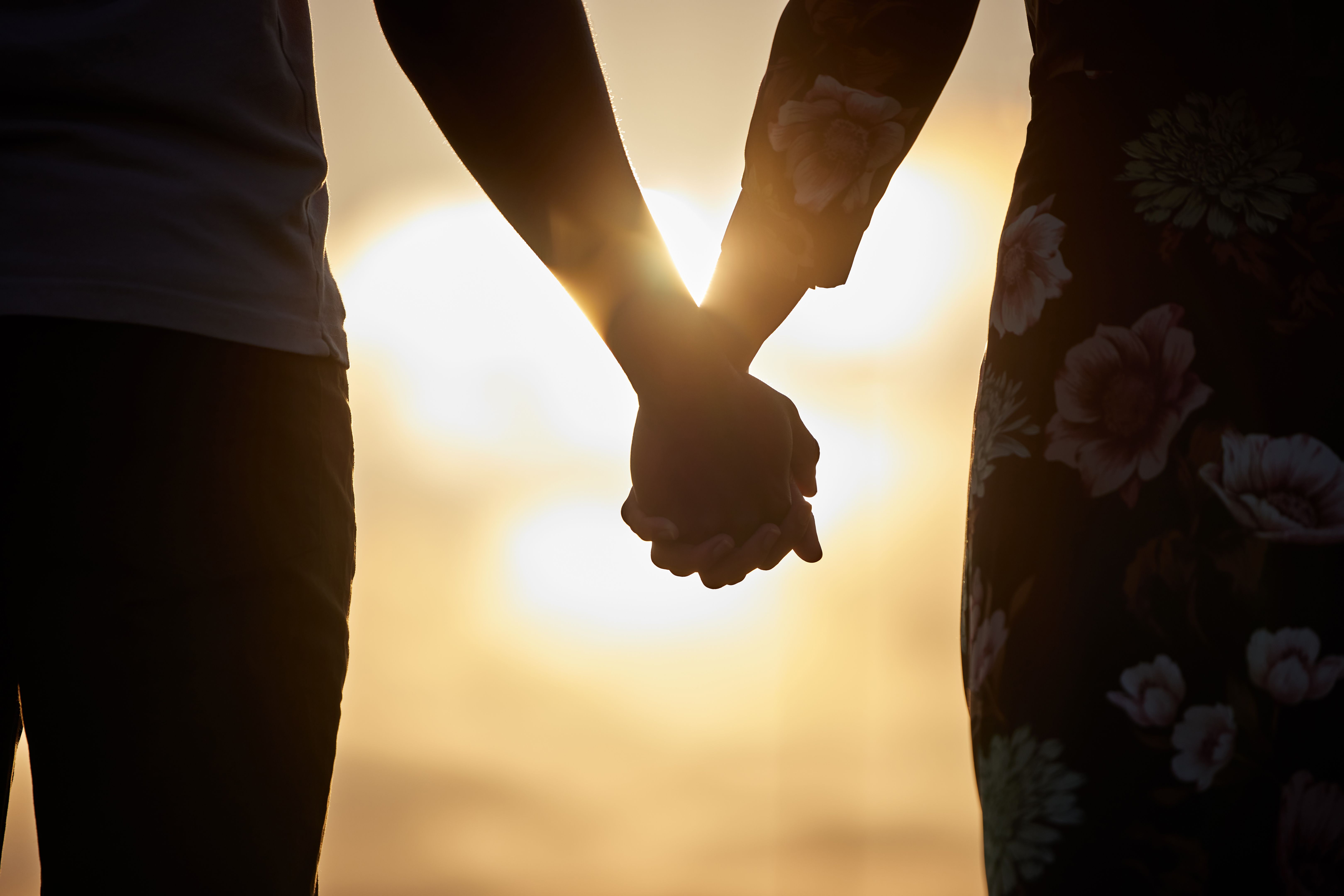 Shot of an unrecognizable couple holding hands while watching the sunset