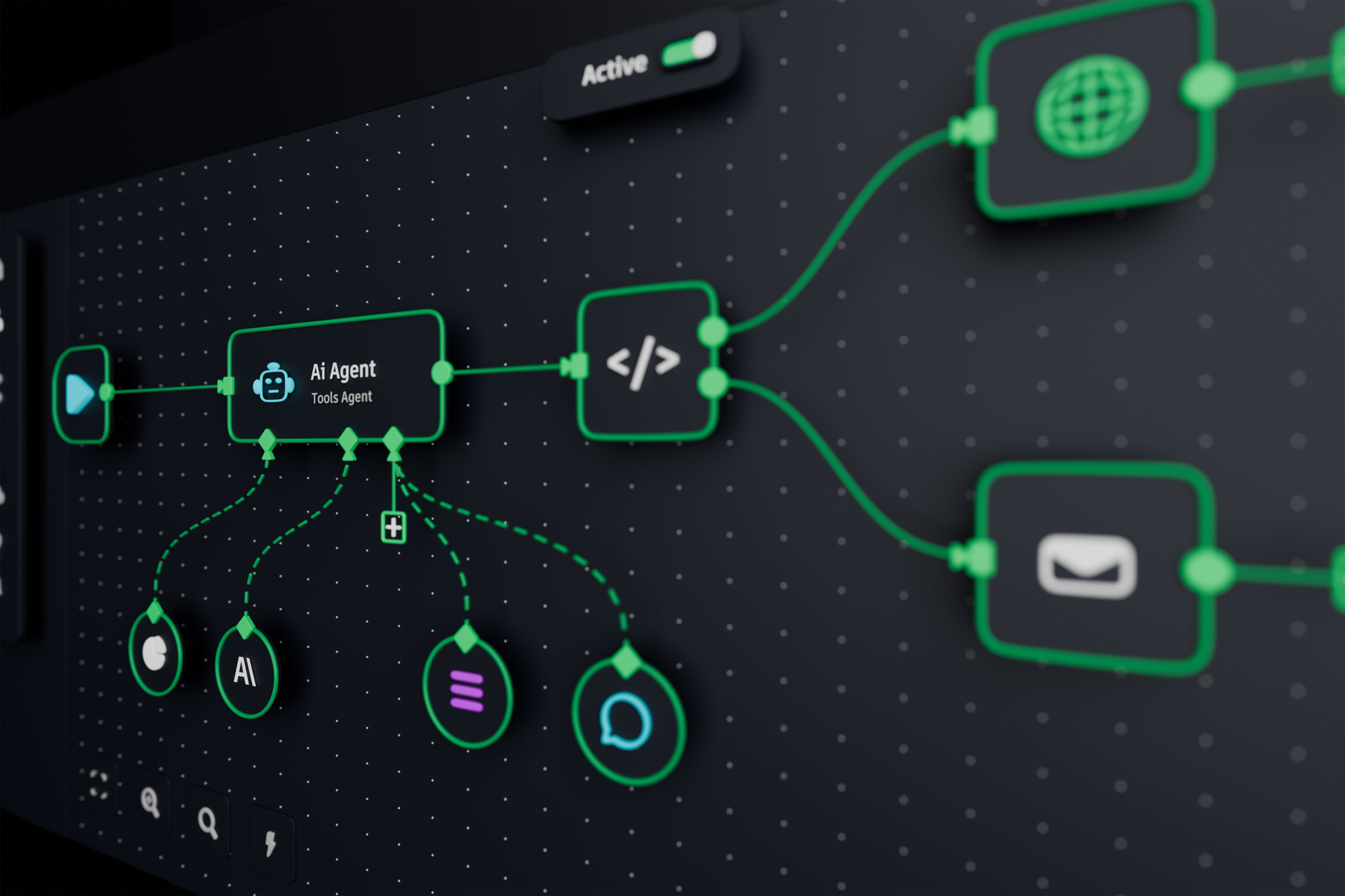 AI workflow automation artificial intelligence software interface nodes triggers data tool dashboard coding icon flow process technology 3d rendering.