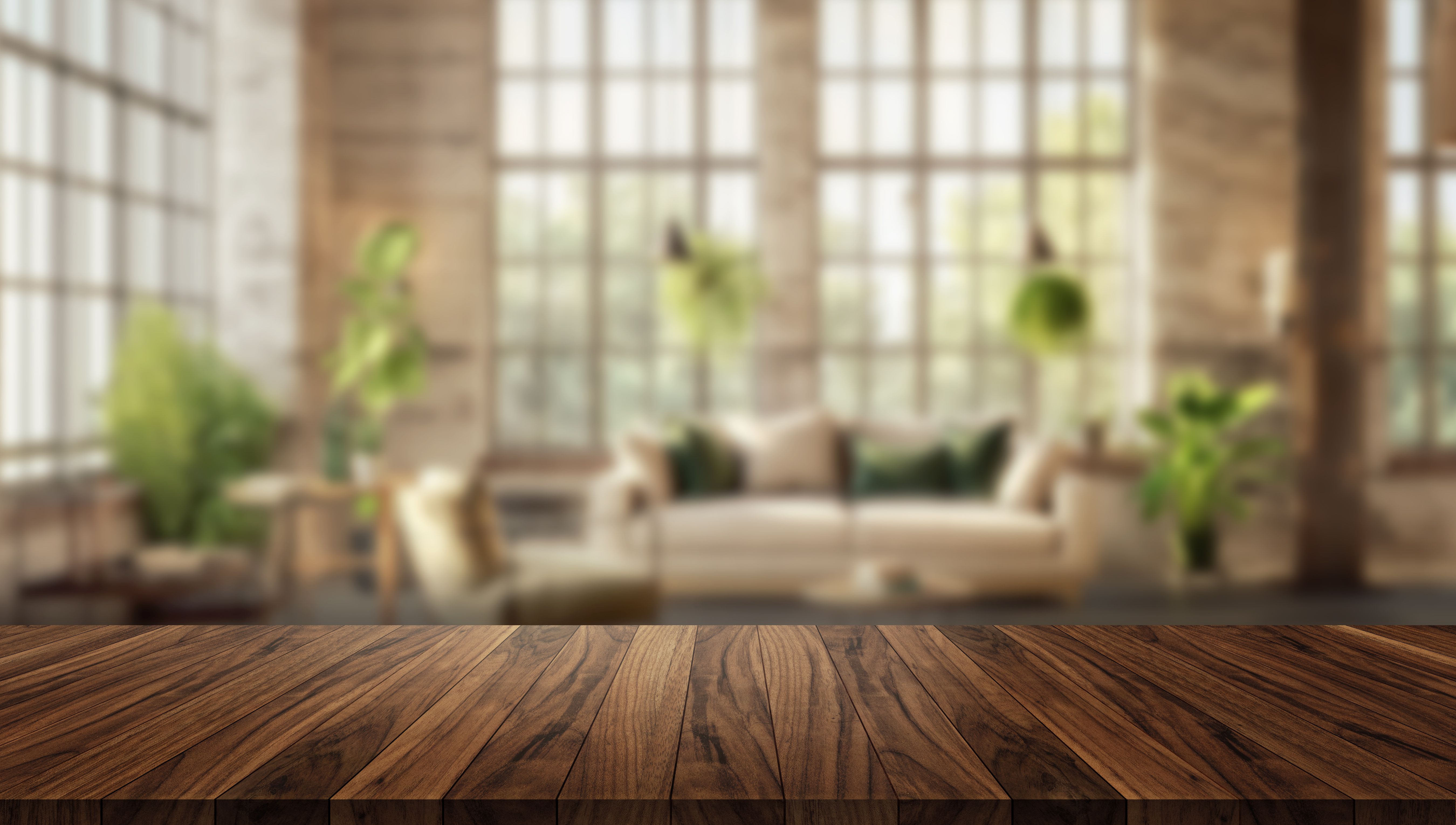 Tabletop Scene with Wooden Surface and Blurred Sunlit Modern Living Room Background