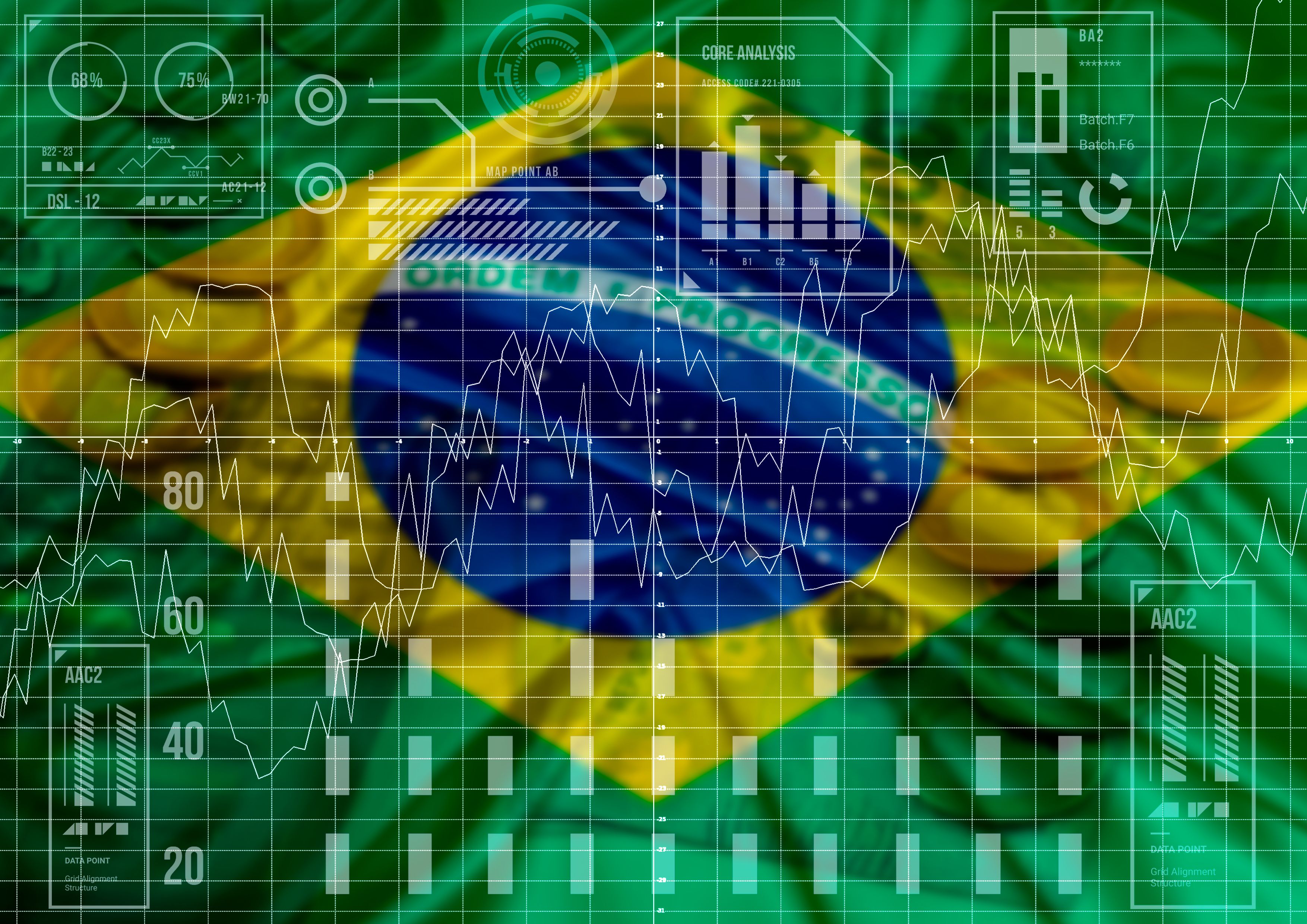 Brazil flag, economic and financial indicators chart, exchange rate variation, stock market crisis Brazil flag, economic and financial indicators chart, exchange rate variation, stock market crisis