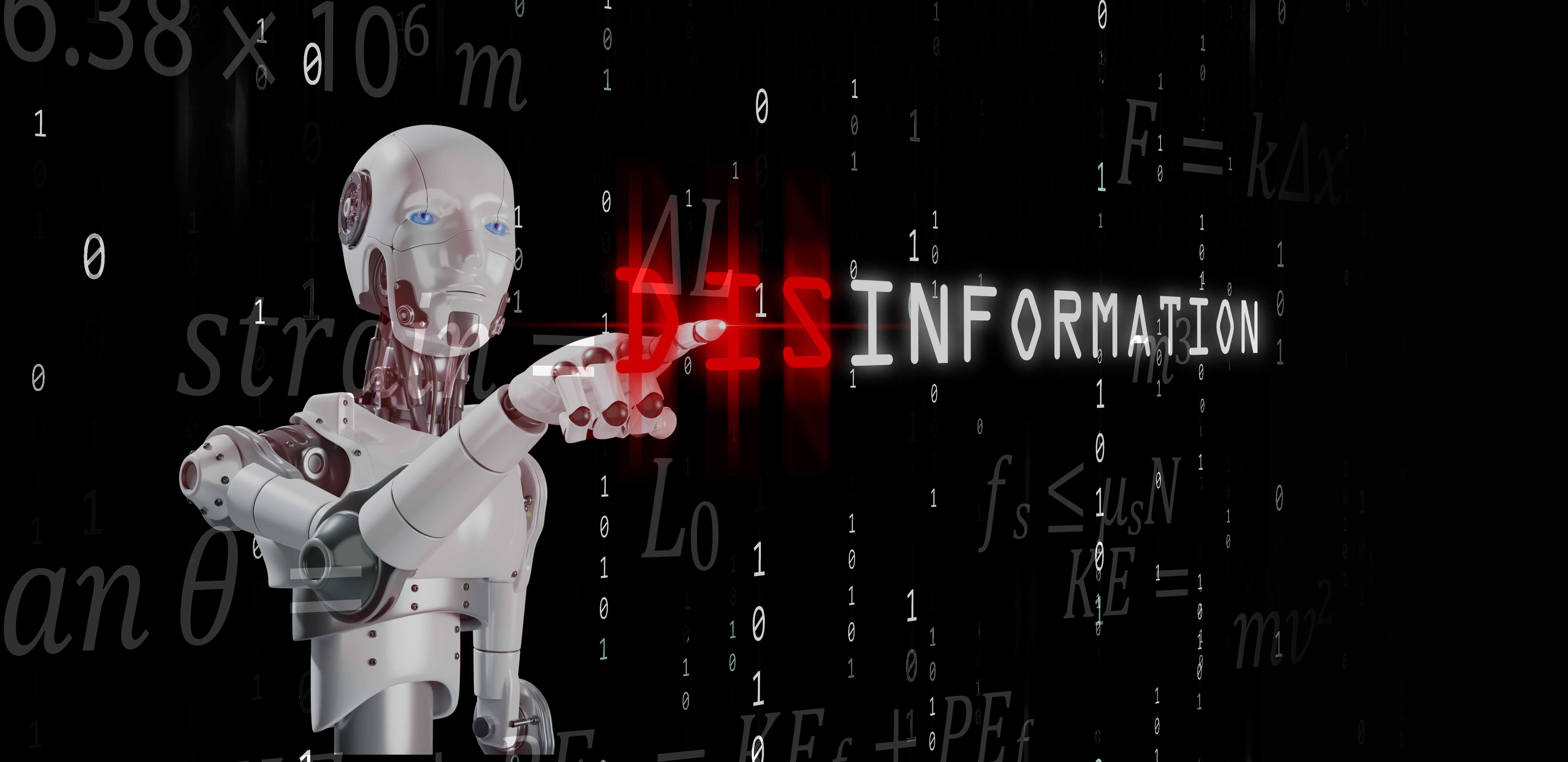 AI and the concept of fake news, misinformation, and disinformation: A robot, representing artificial intelligence, touches the word disinformation with binary code in the background.