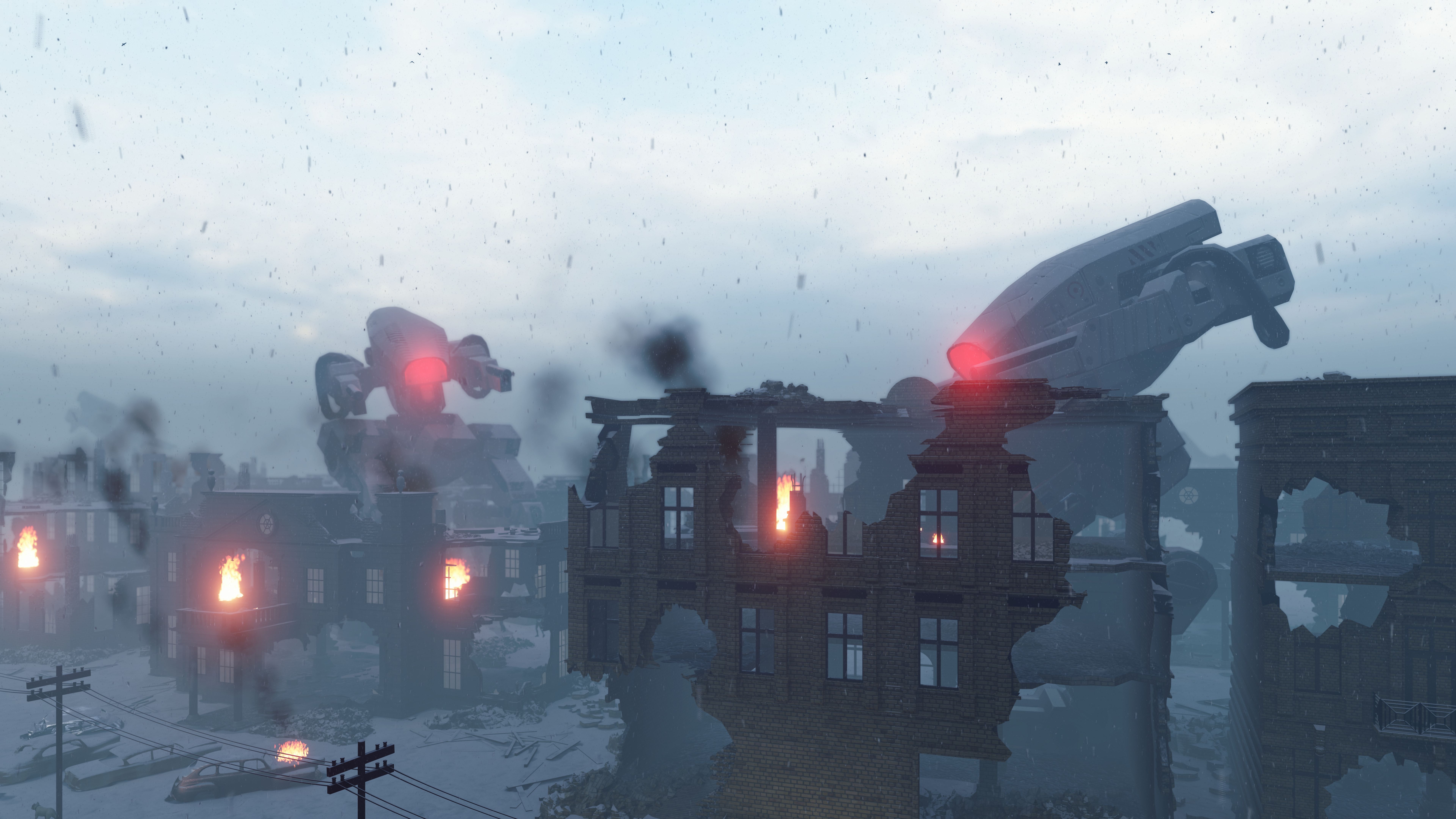 Huge military robots are shelling the destroyed post-apocalyptic city. View of the Apocalypse. 3D Rendering Huge military robots are shelling the destroyed post-apocalyptic city. View of the Apocalypse. 3D Rendering