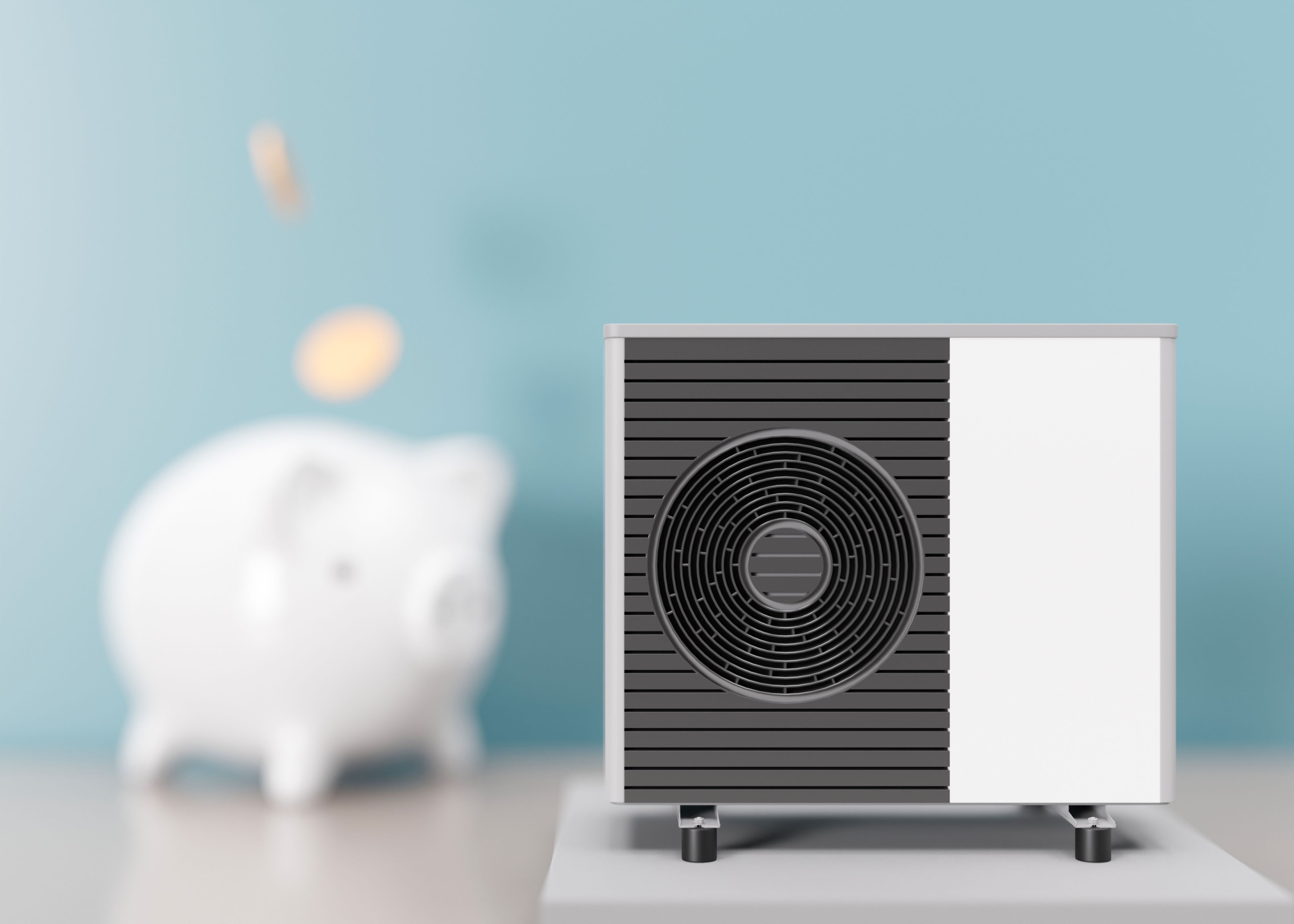 Air heat pump and piggy bank on blue background. Modern, environmentally friendly heating. Save your money with air source heat pump. Free, copy space for your text, advertising. 3d render.