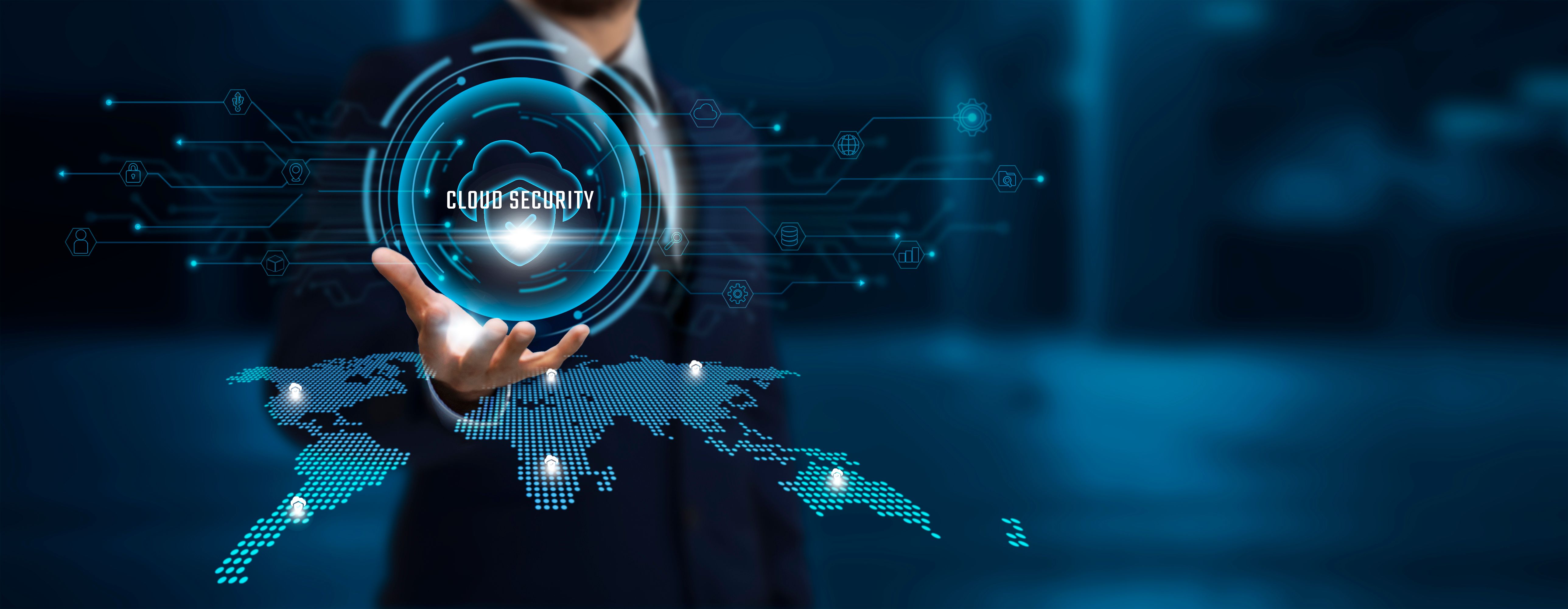 Cloud Security: Businessman Holding the Secure Network Connecting Icon Linking Business and Data with Protected Systems and Global Network