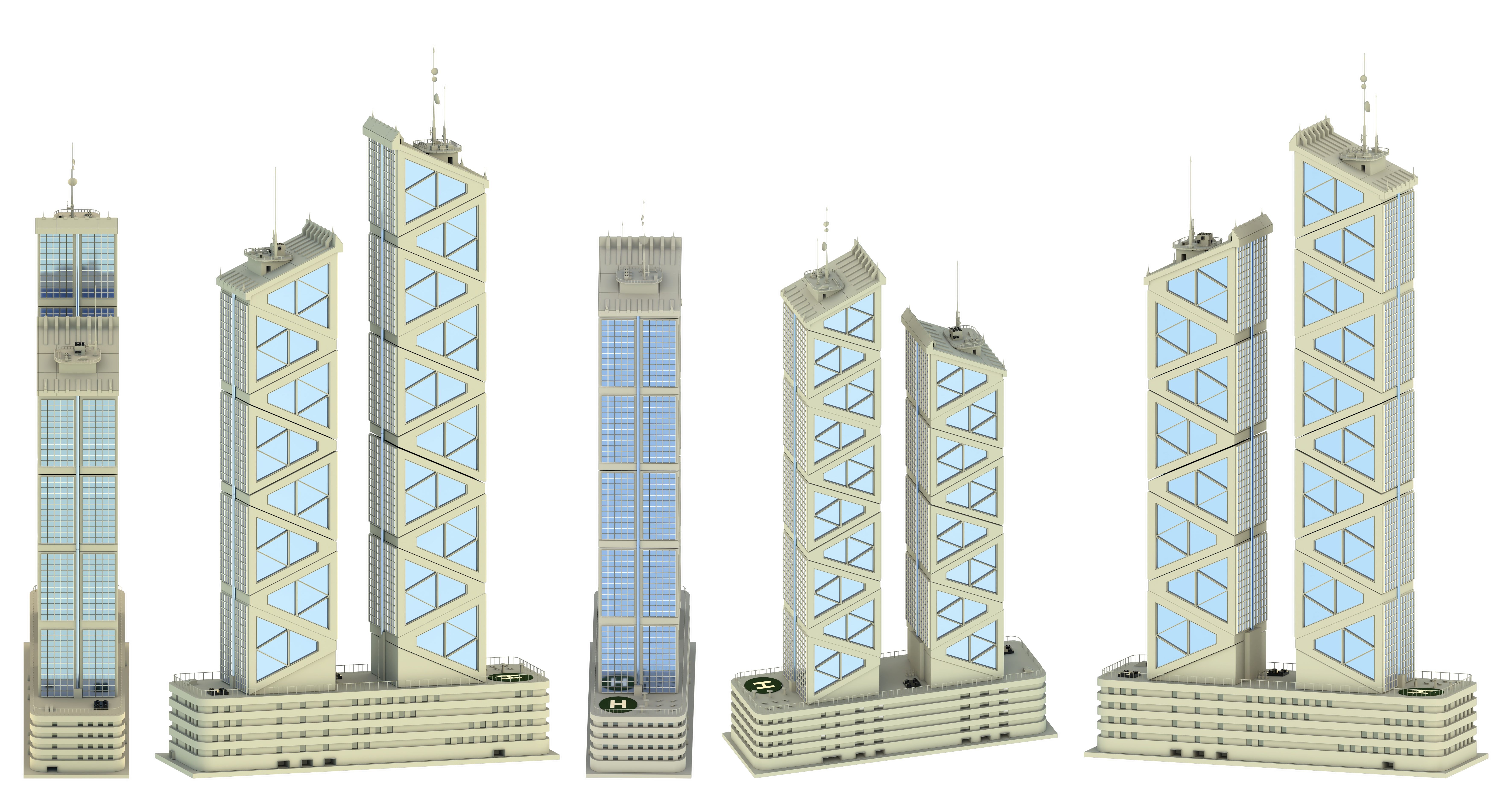 Set of 5 renders of fictional design commercial houses with two towers with sky reflection - isolated on white, different sides view 3d illustration of architecture Set of 5 renders of fictional design commercial houses with two towers with sky reflection - isolated on white, different sides view 3d illustration of architecture