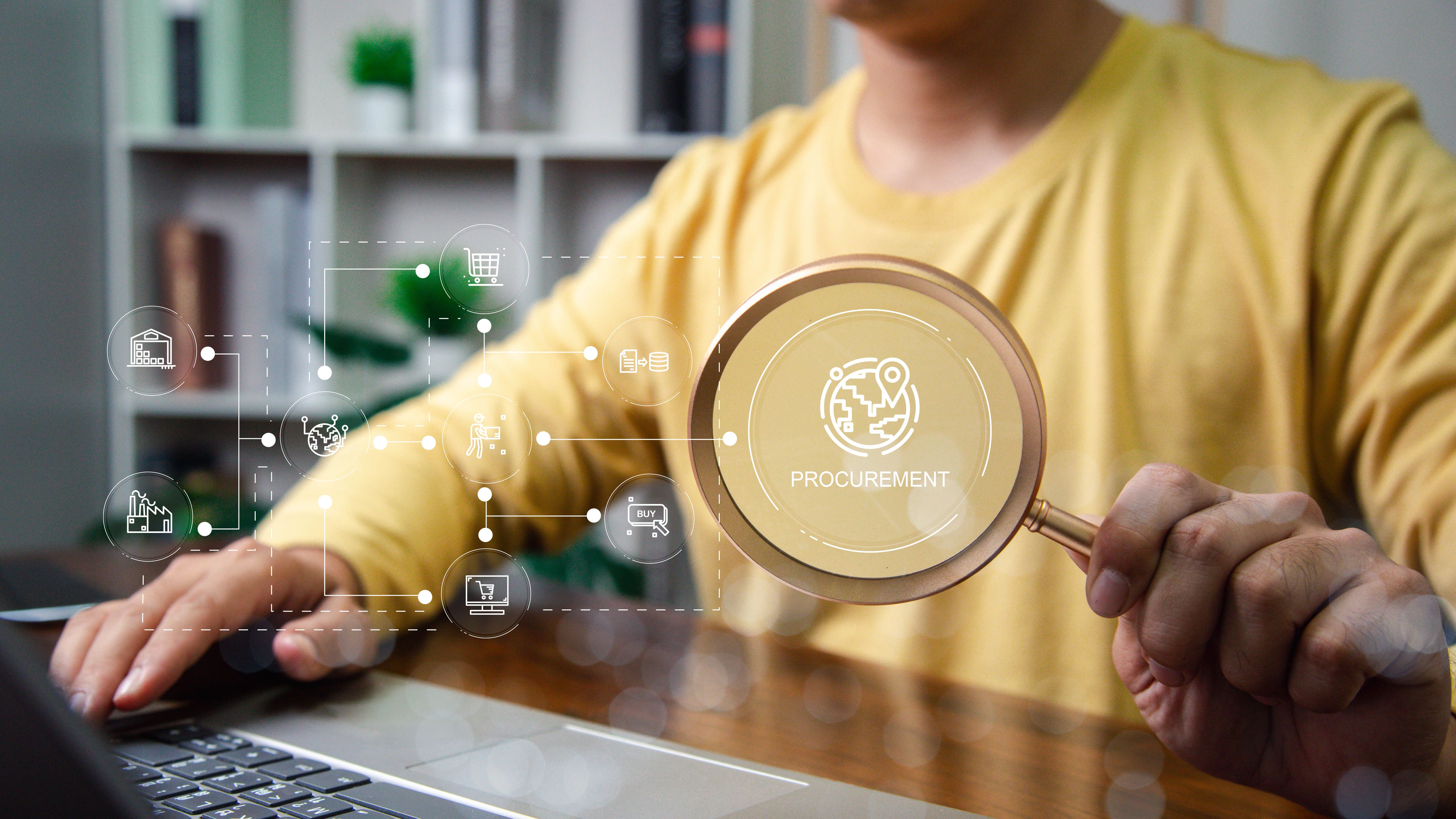 AI-driven procurement and supply chain technology concept with business professional using laptop for automation, data analytics, and digital transformation in modern enterprise management. AI-driven procurement and supply chain technology concept with business professional using laptop for automation, data analytics, and digital transformation in modern enterprise management.