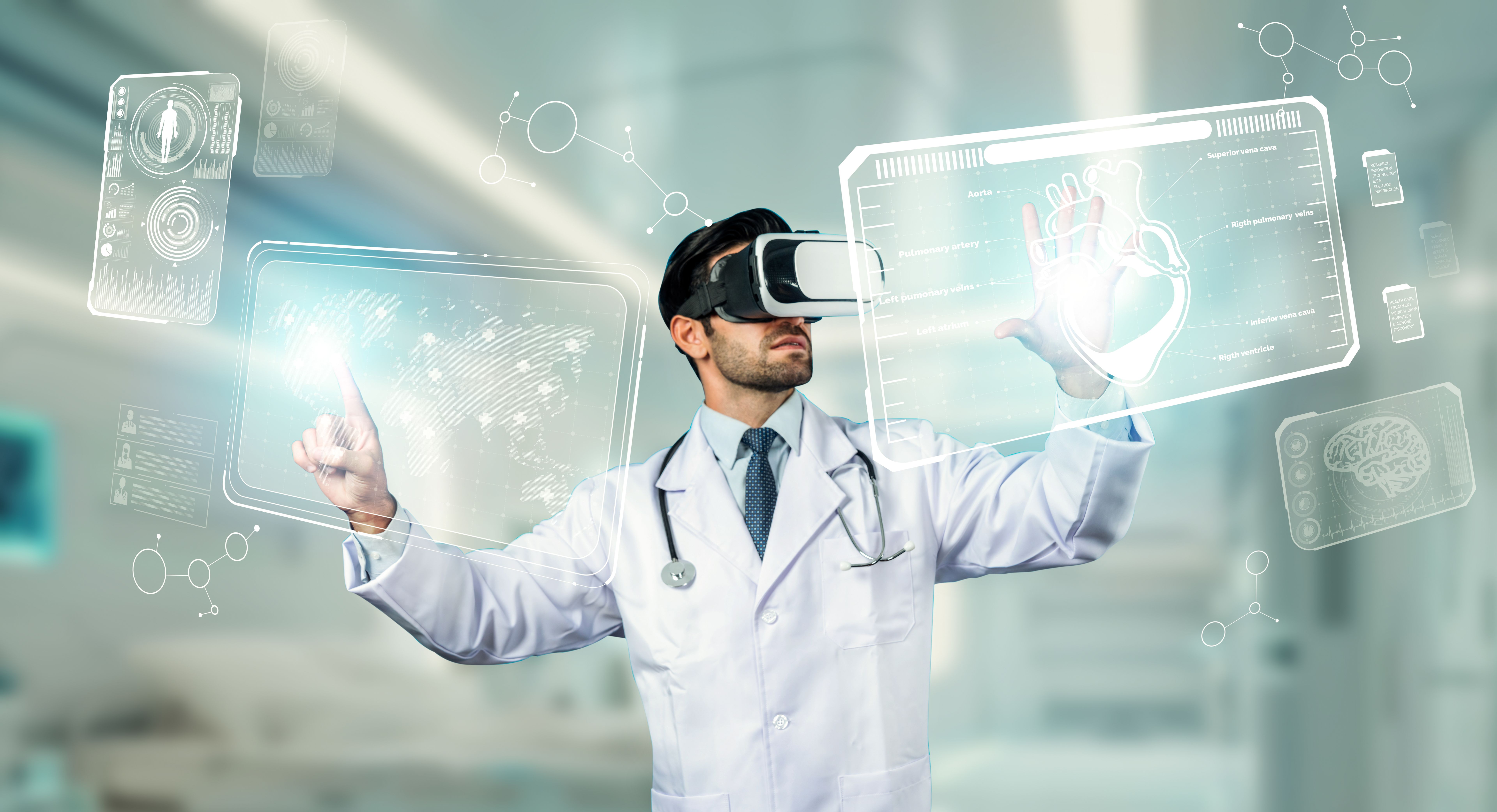 Doctor wearing lab coat and VR headset while looking at hologram. Deviation.