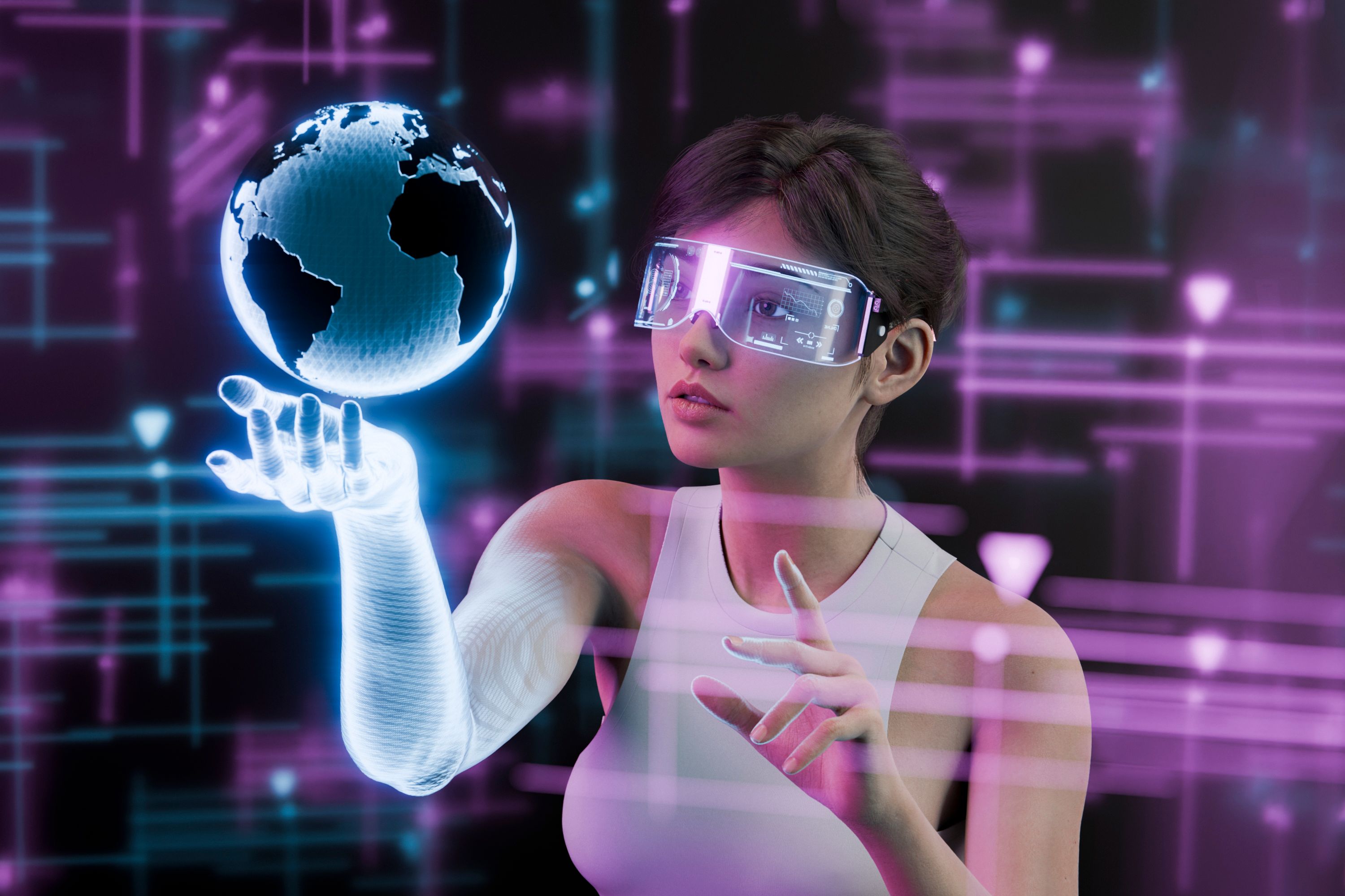 Woman Interacting with Holographic Globe Using Augmented Reality Glasses Woman Interacting with Holographic Globe Using Augmented Reality Glasses