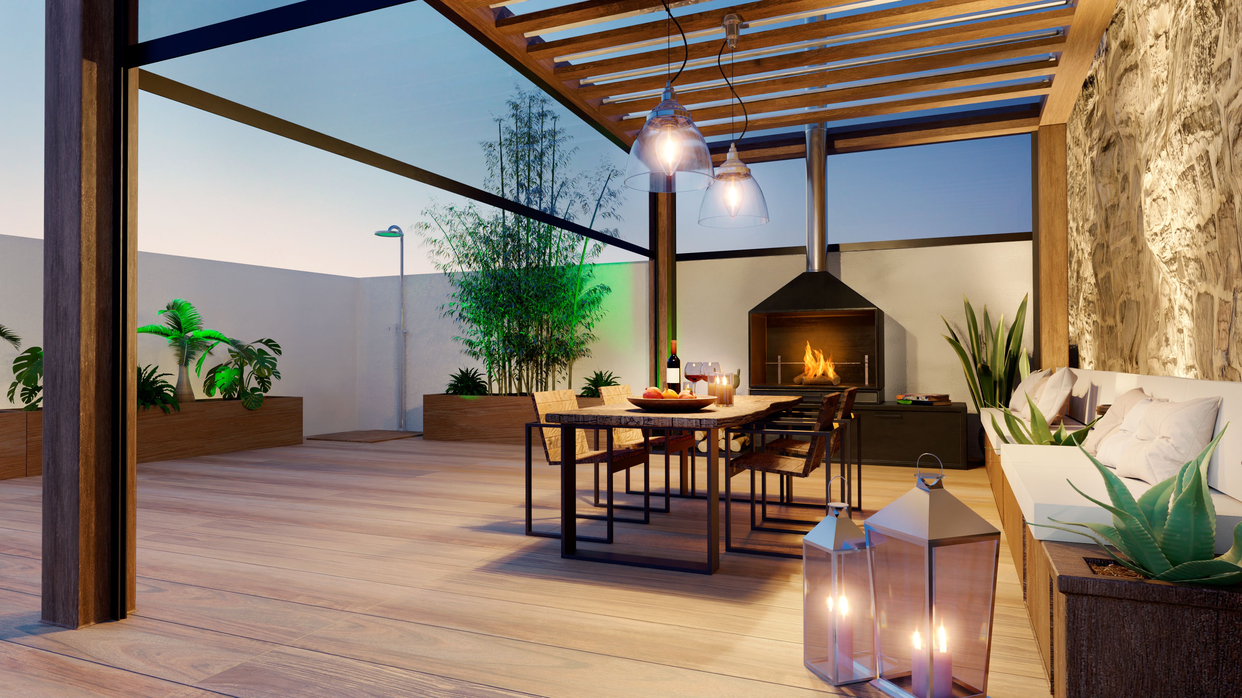 3D render of urban patio at twilight with fire place and wooden table 3D render of urban patio at twilight with fire place and wooden table