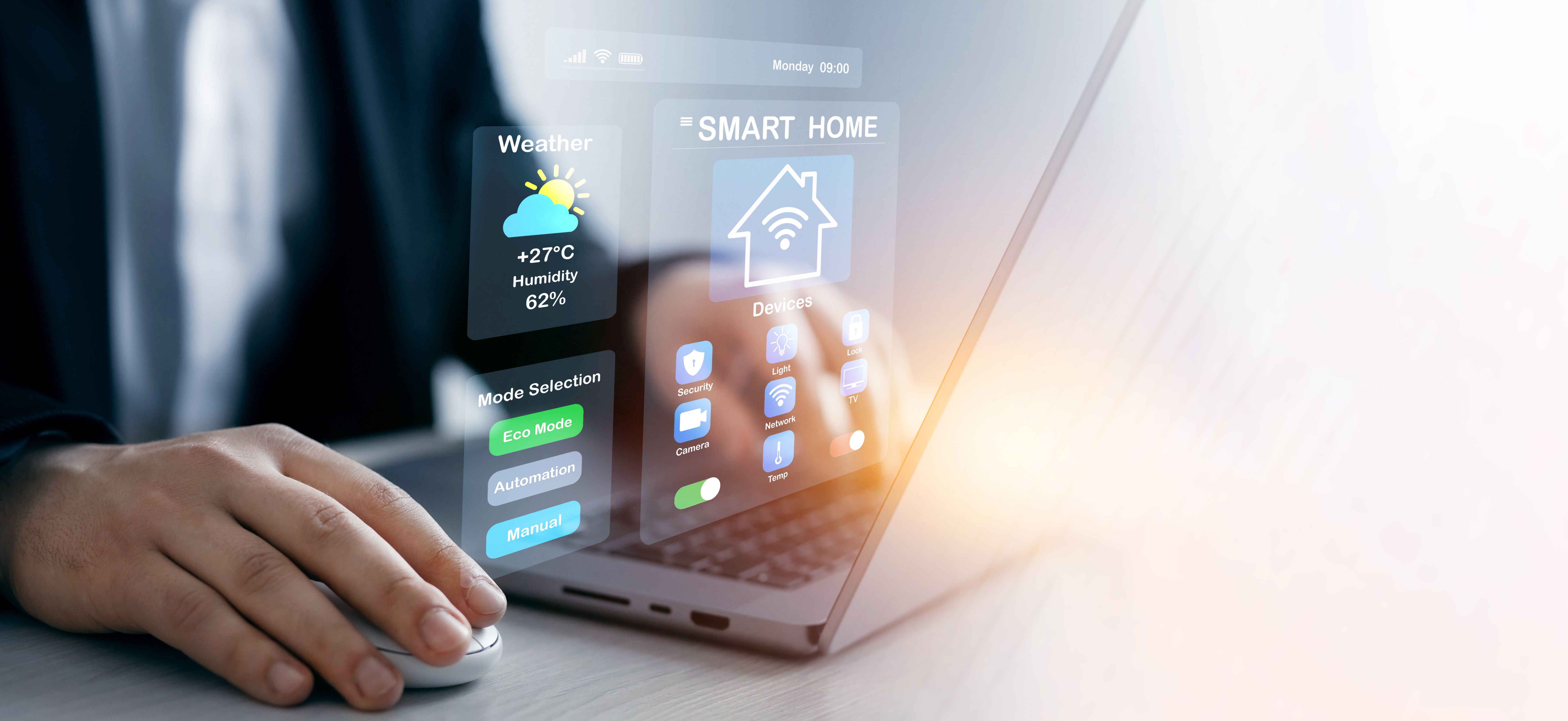 Technology assistant for smart devices,intelligent house or smart home technology.Business person using digital dashboard of smart home app for control home appliances.