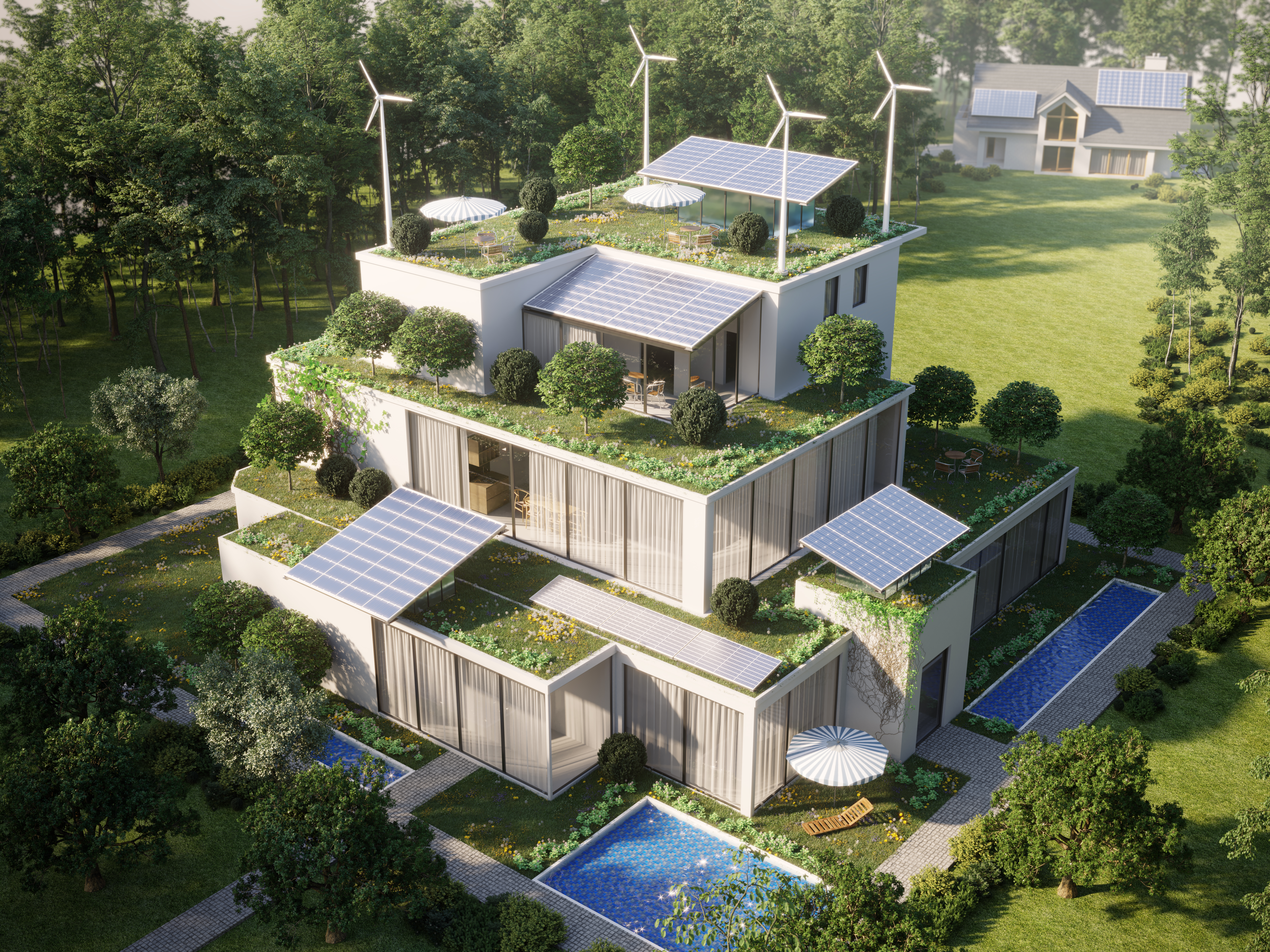 Green buildings in the forest