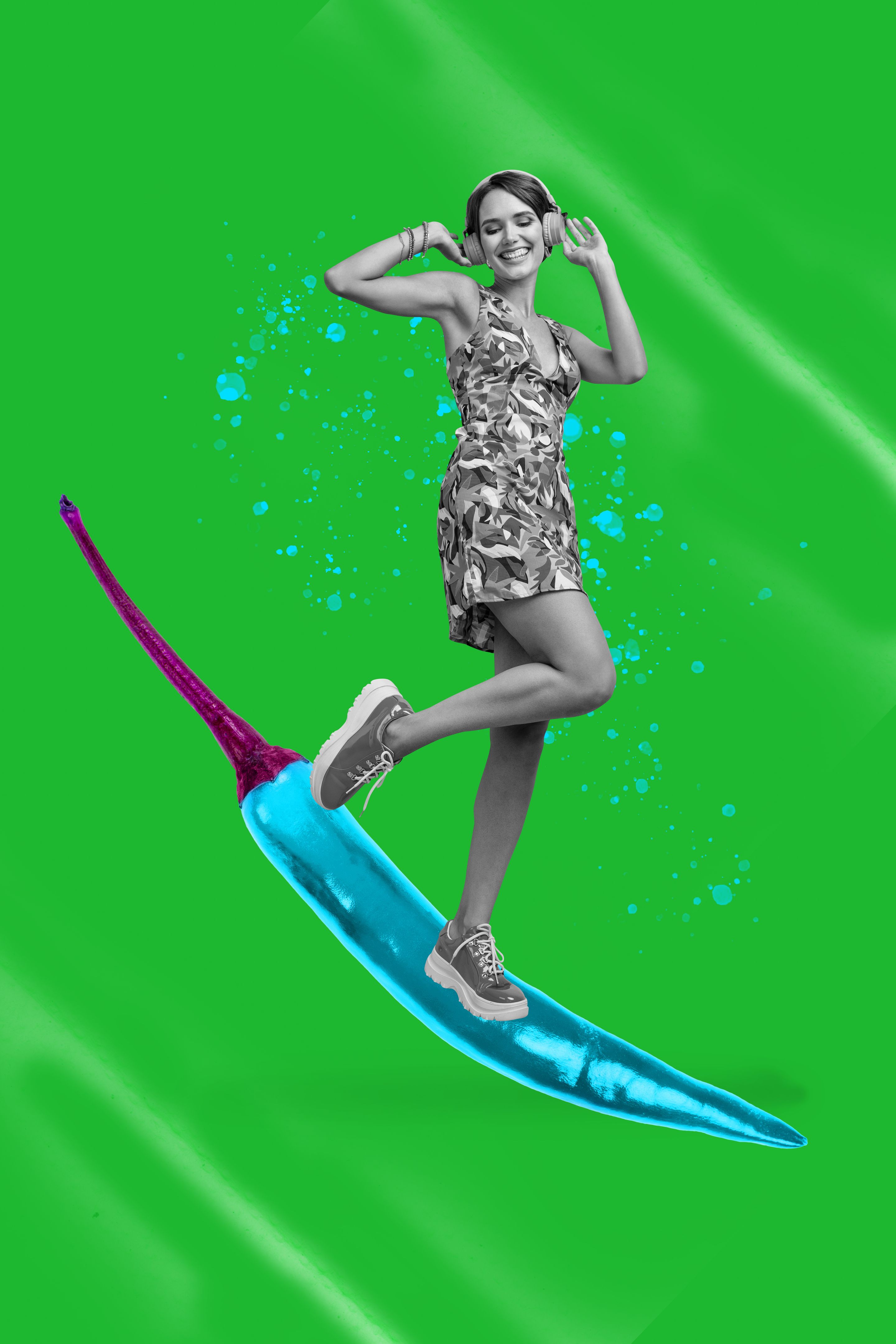 Trend poster collage of person stand listen audio on red big chili pepper over green color background