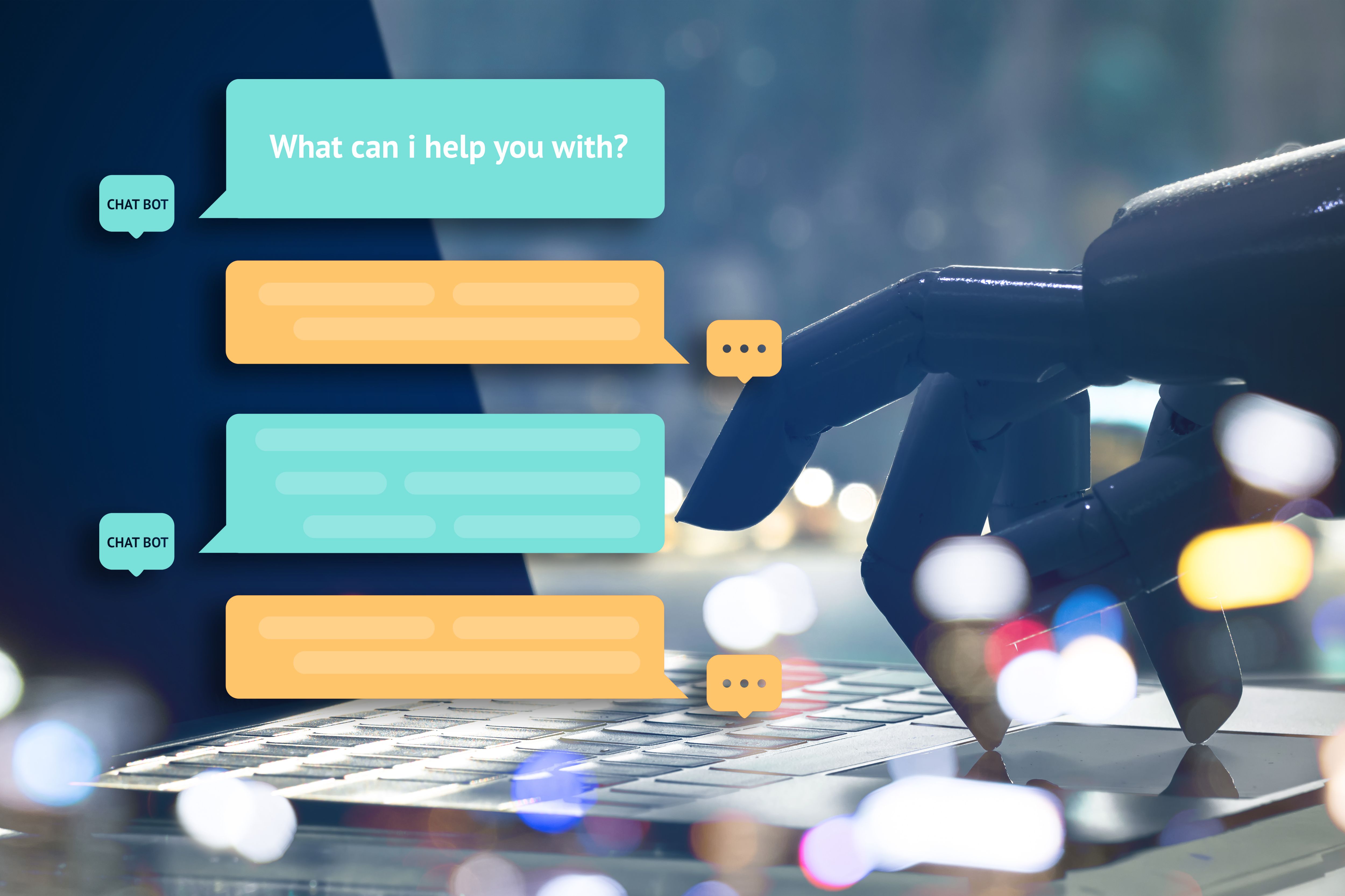 Chat bot and future marketing concept. Robot finger point to laptop button with automatic message popup. Chat bot and future marketing concept. Robot finger point to laptop button with automatic message popup.
