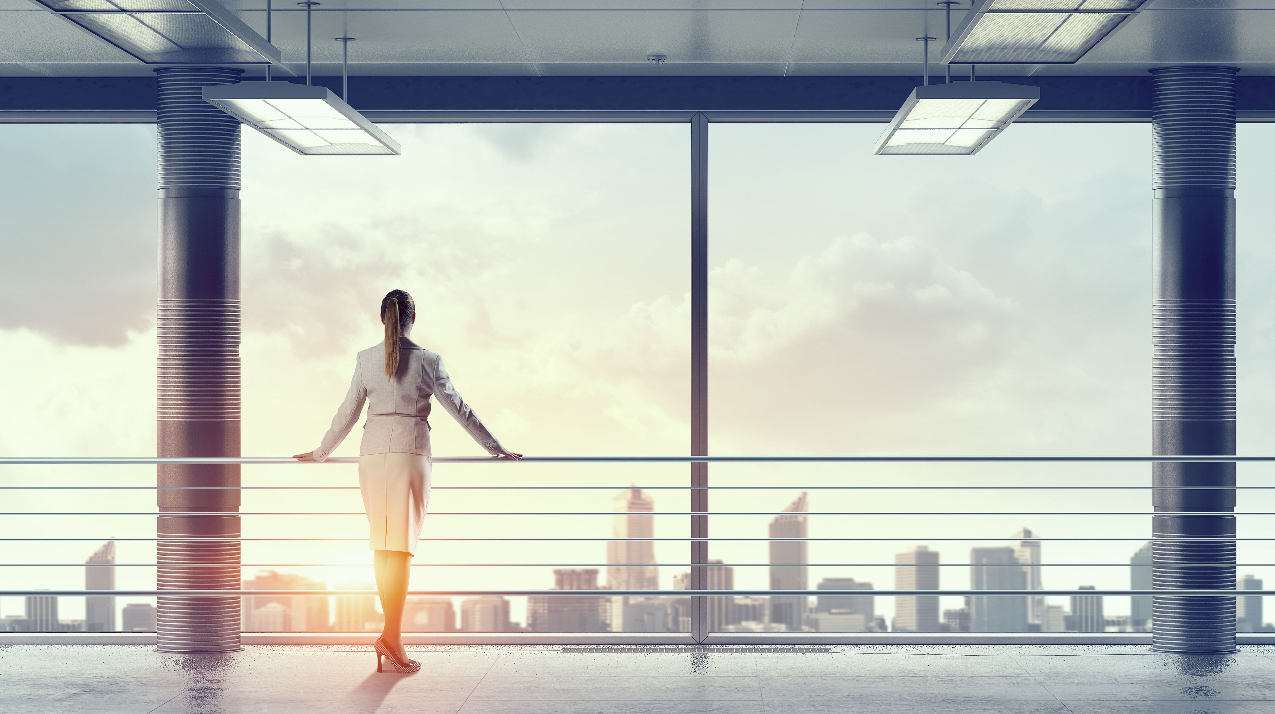 Businesswoman in modern office interior  . Mixed media