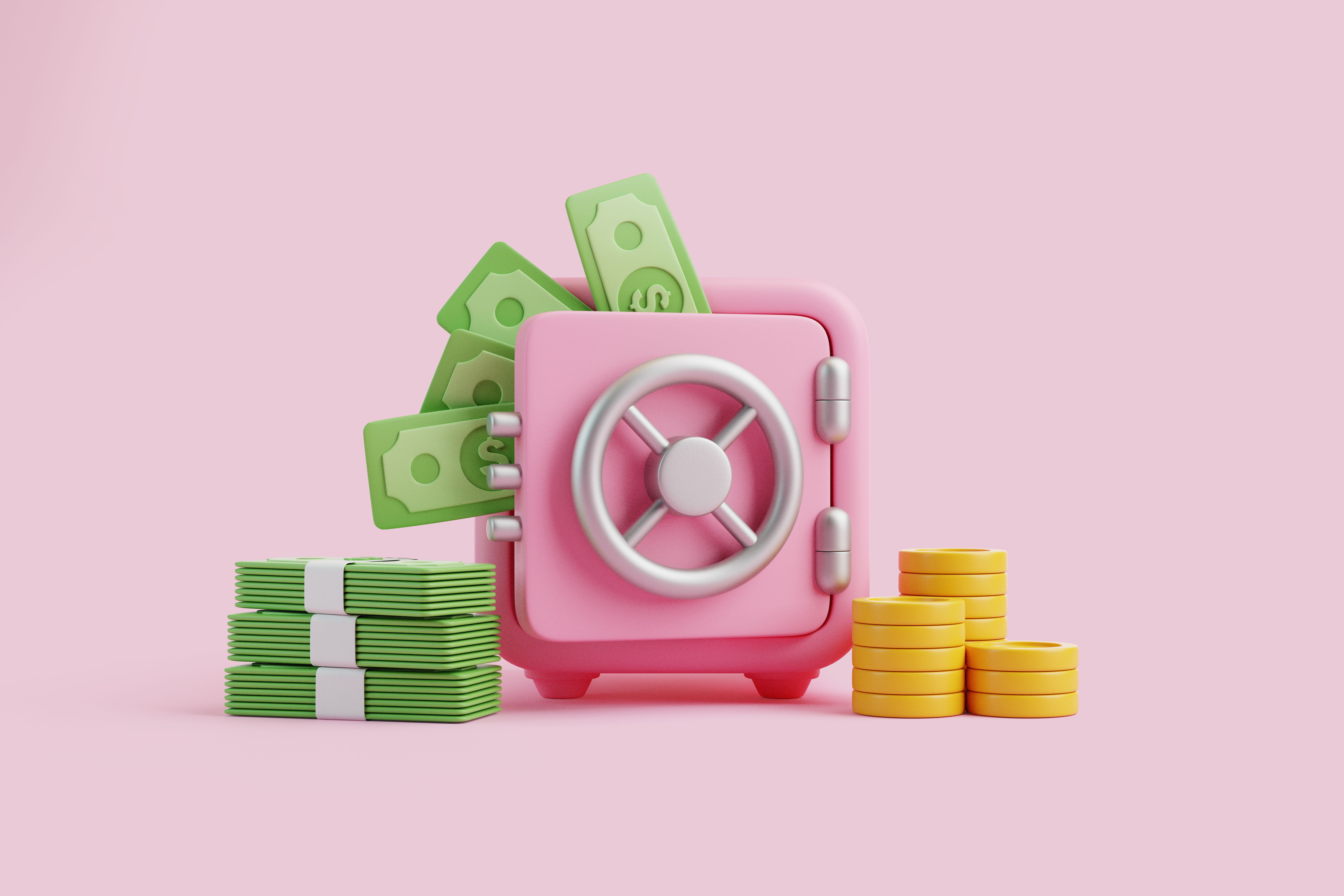 3D Pink Safe with Cash and Coins Illustration