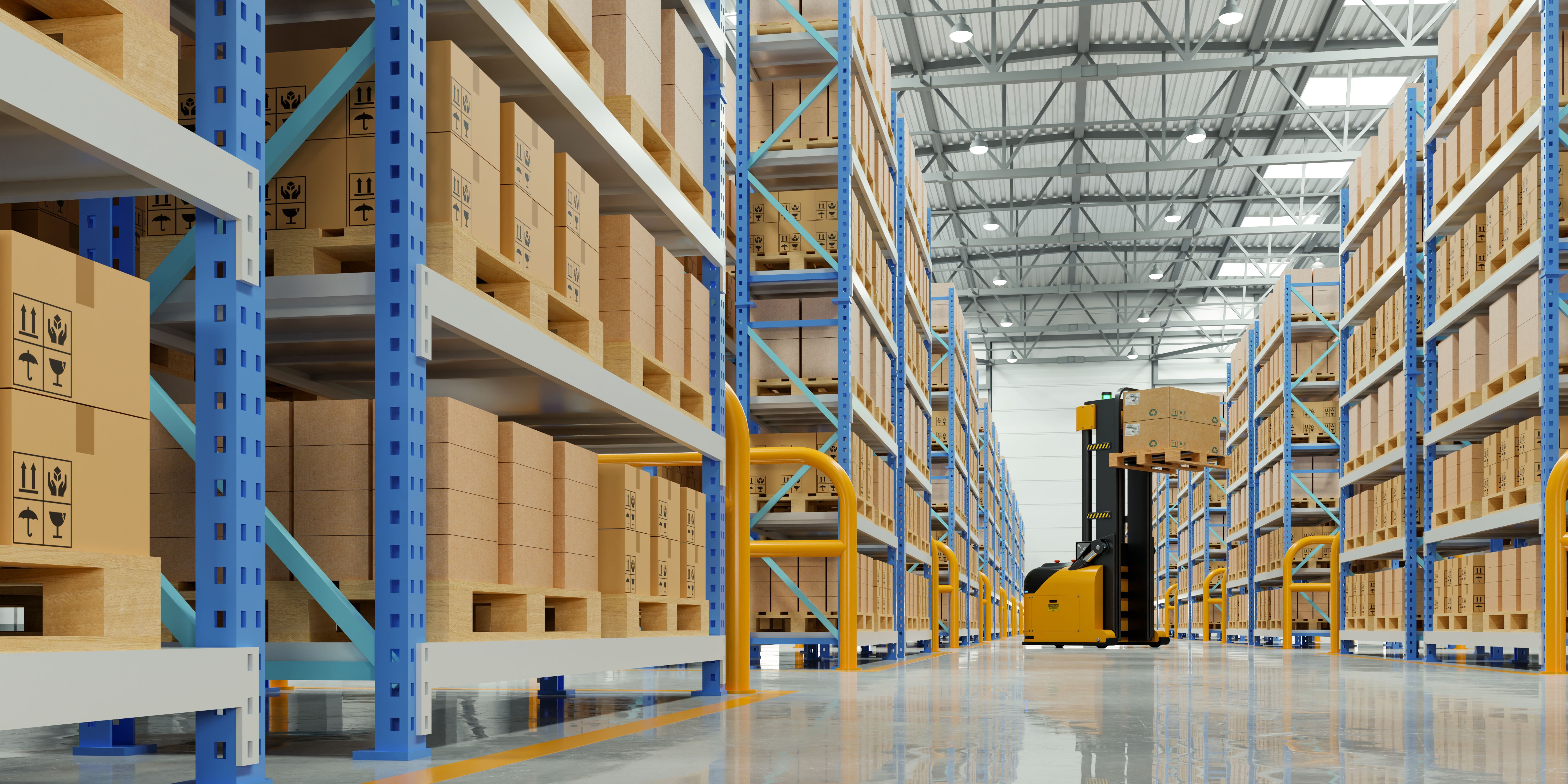 Modern logistics warehouse interior with rows of tall shelves and cardboard boxes on pallets, featuring a working forklift for industrial shipping and inventory management- 3D rendering