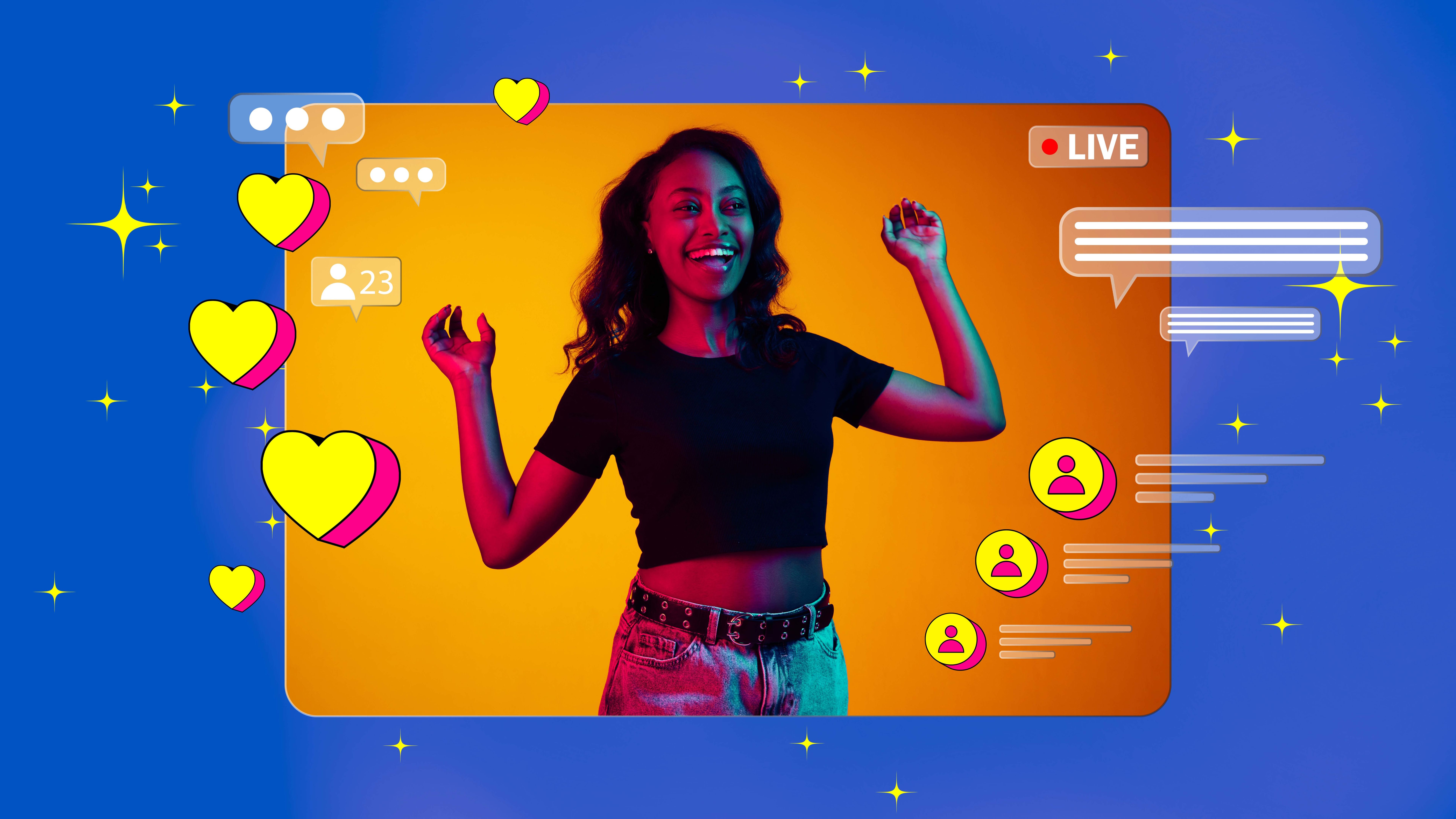 Happy smiling African girl leading live stream on social media app, interacting with followers. Blogger podcast. Creative bright design.