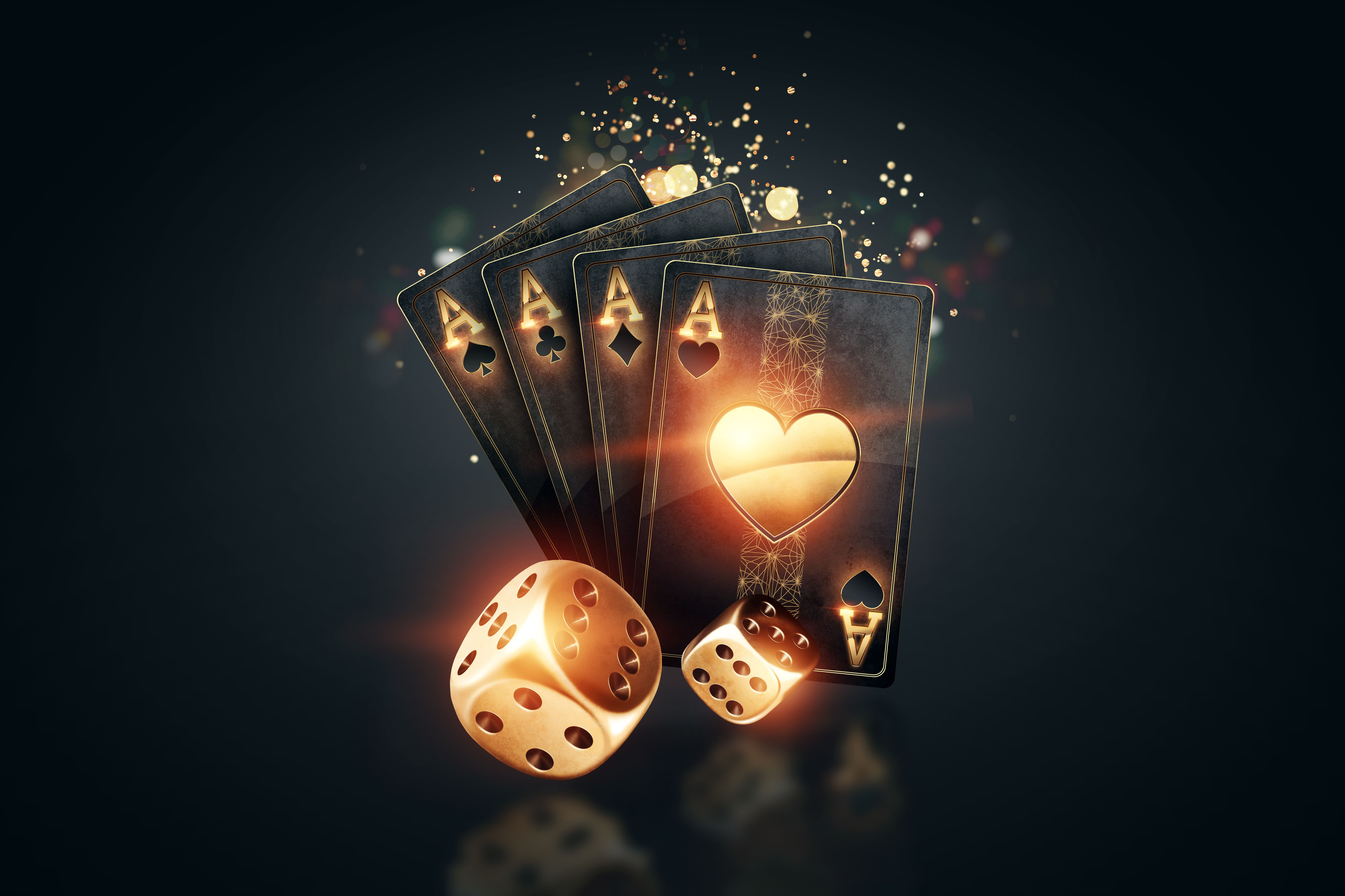 Creative poker template, background design with golden playing cards and poker chips on a dark background. Casino concept, gambling, header for the site. Copy space, 3D illustration, 3D render. Creative poker template, background design with golden playing cards and poker chips on a dark background. Casino concept, gambling, header for the site. Copy space, 3D illustration, 3D render.