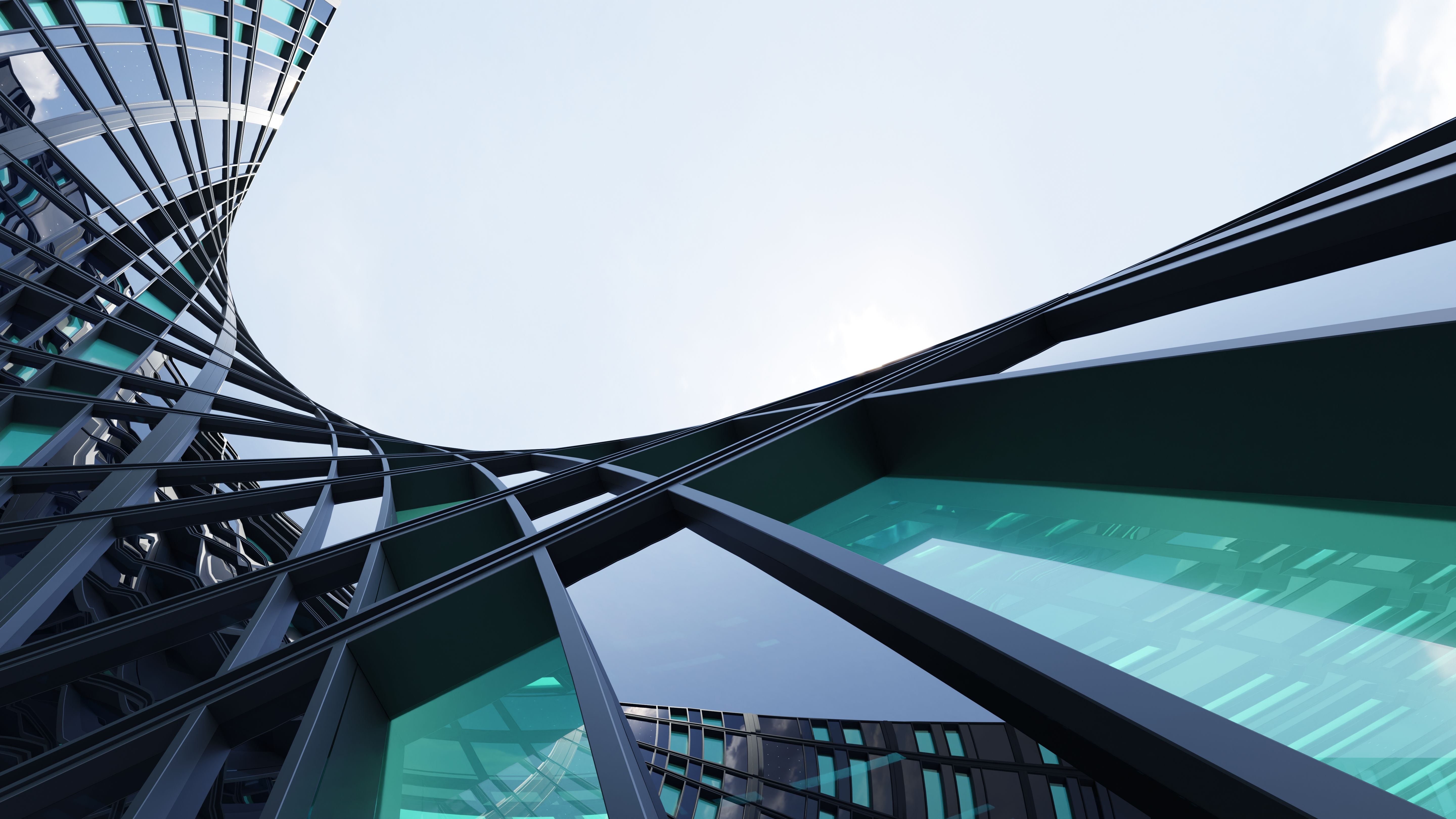 3d rendering of modern architecture, Skyscraper corporate office building with glass window and curved steel frame