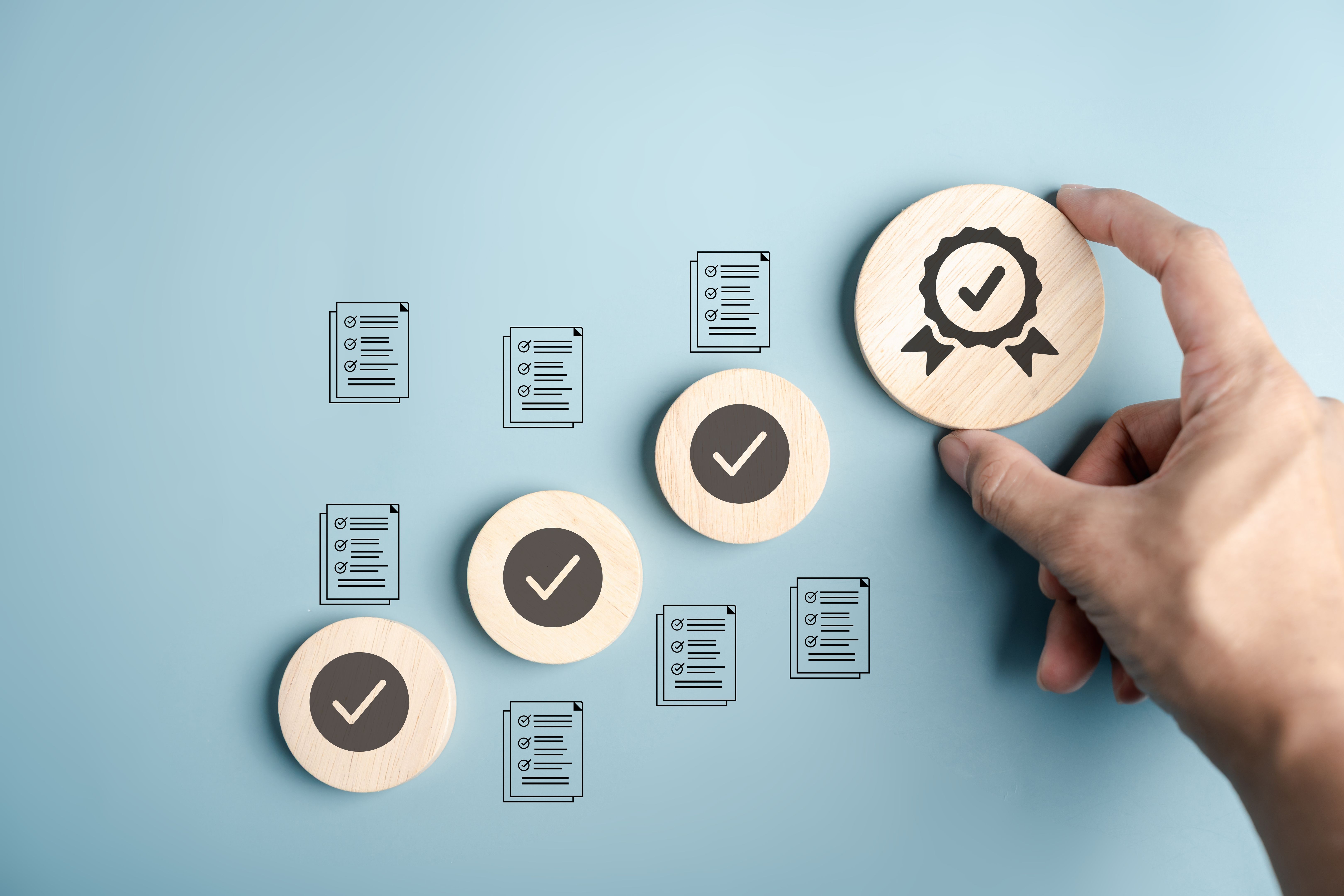 and holding certification icon above compliance checklist symbols, representing nonprofit regulatory adherence, annual review, and quality assurance for 501(c)(3) organizations.