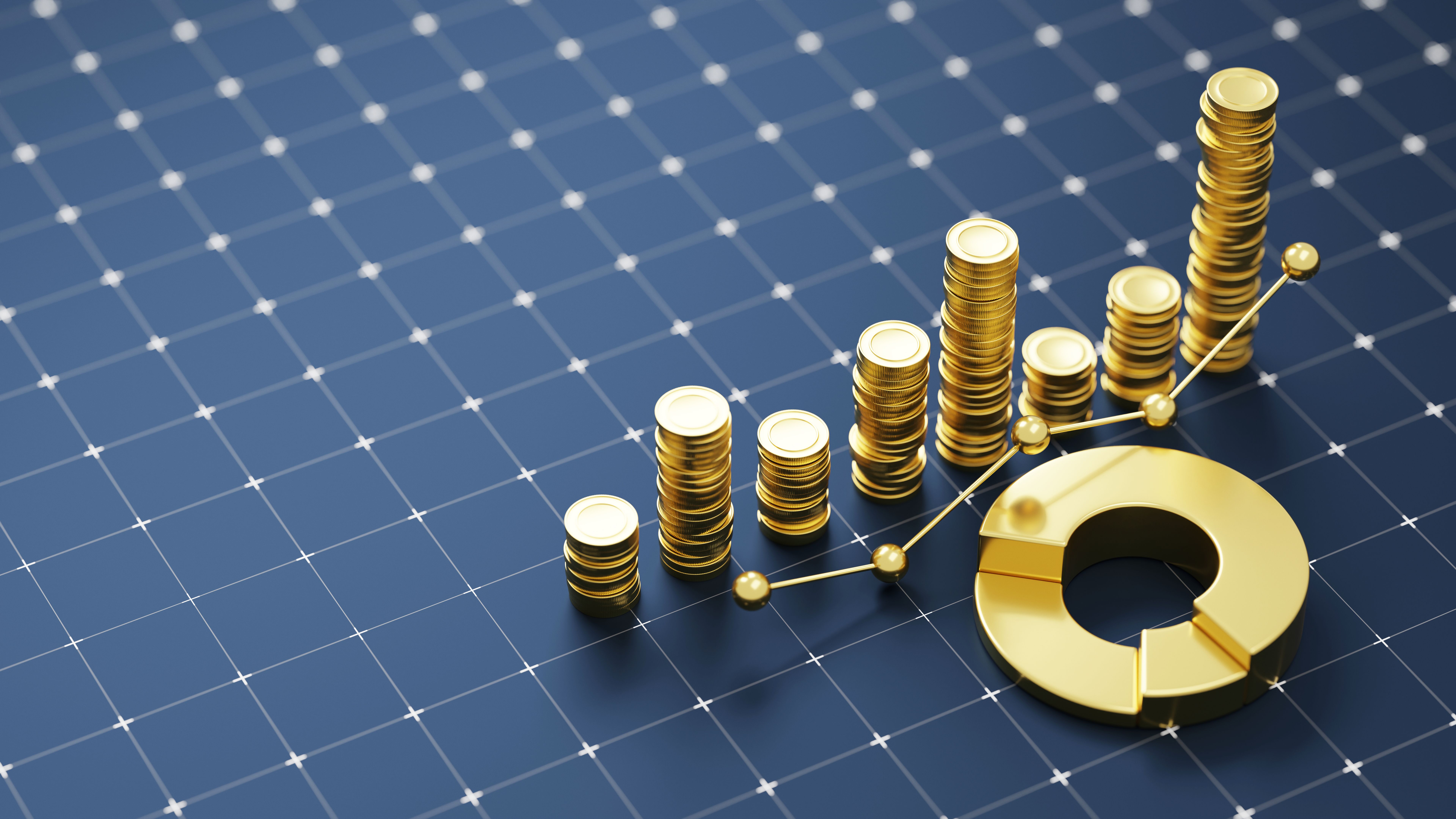 Profit growth concept. Golden graph made with abstract coins and other financial 3d symbols on the dark background with a grid pattern Profit growth concept. Golden graph made with abstract coins and other financial 3d symbols on the dark background with a grid pattern