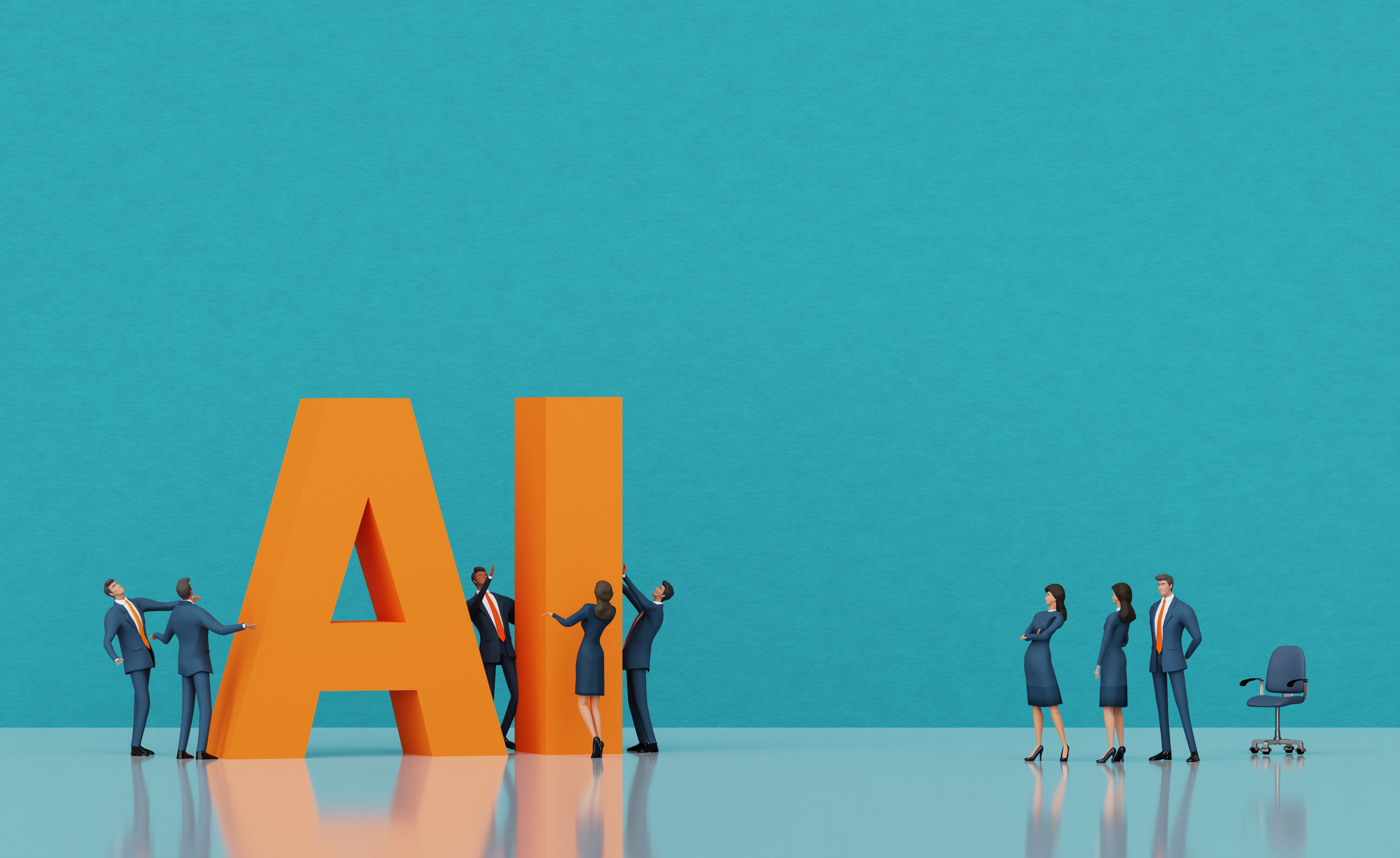 Business people are mowing AI letters, artificial intelligence concept 3D rendering Business people are mowing AI letters, artificial intelligence concept 3D rendering