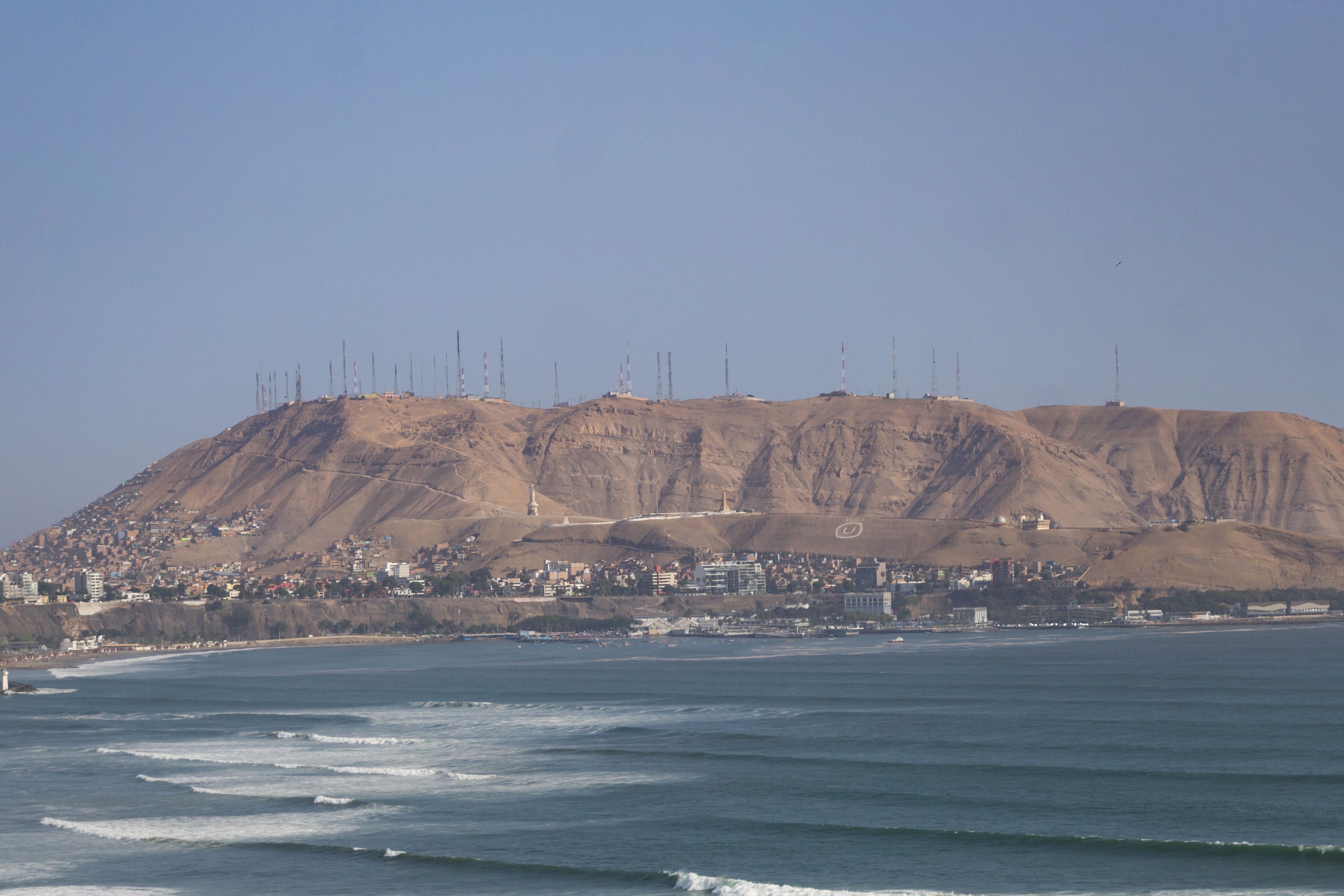 Panoramic view of the Costa Verde and Morro Solar on the coast of Lima, the capital of Peru.