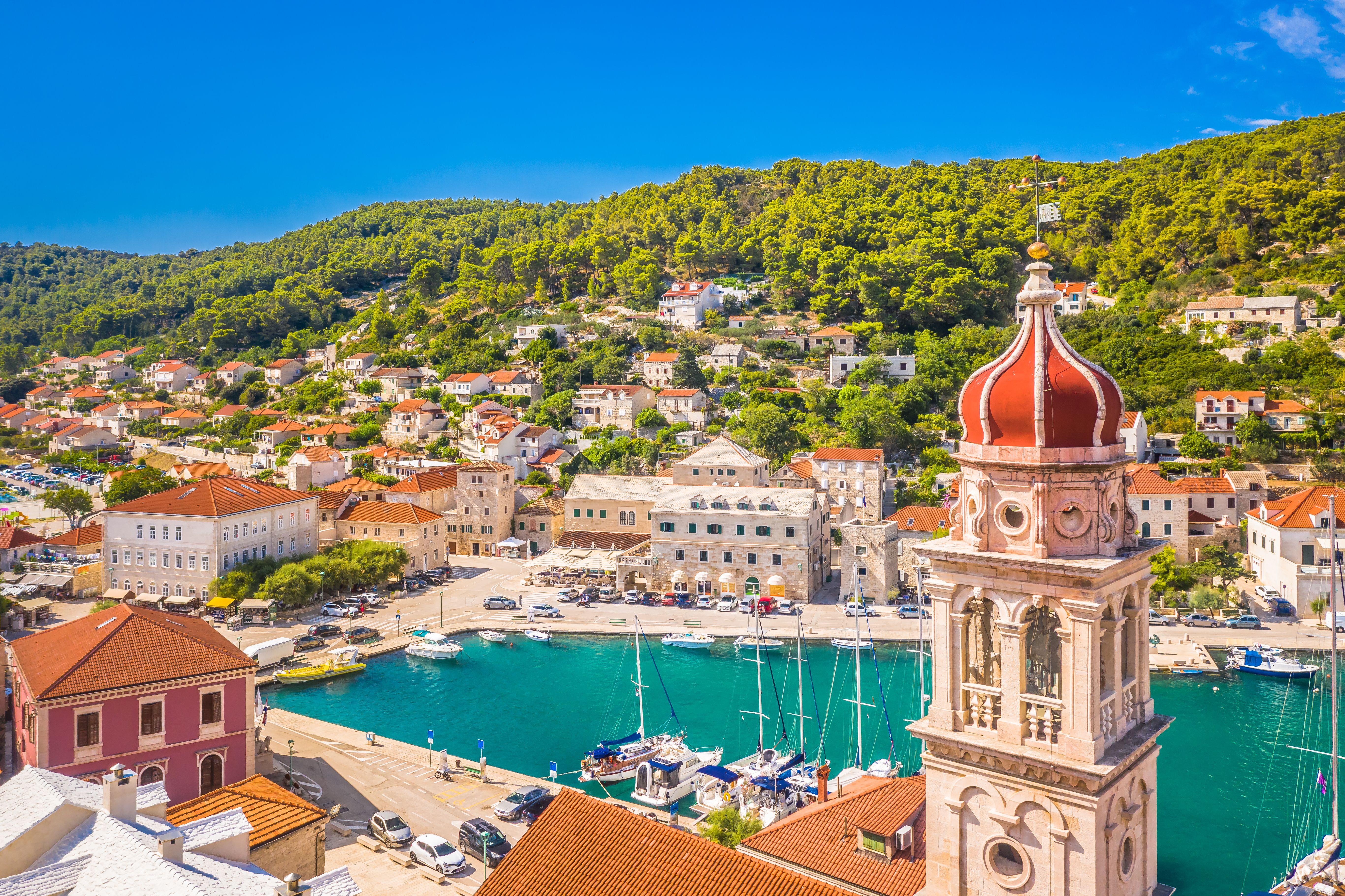Pucisca on Brac Island with Church Bell Tower and Seaside Village