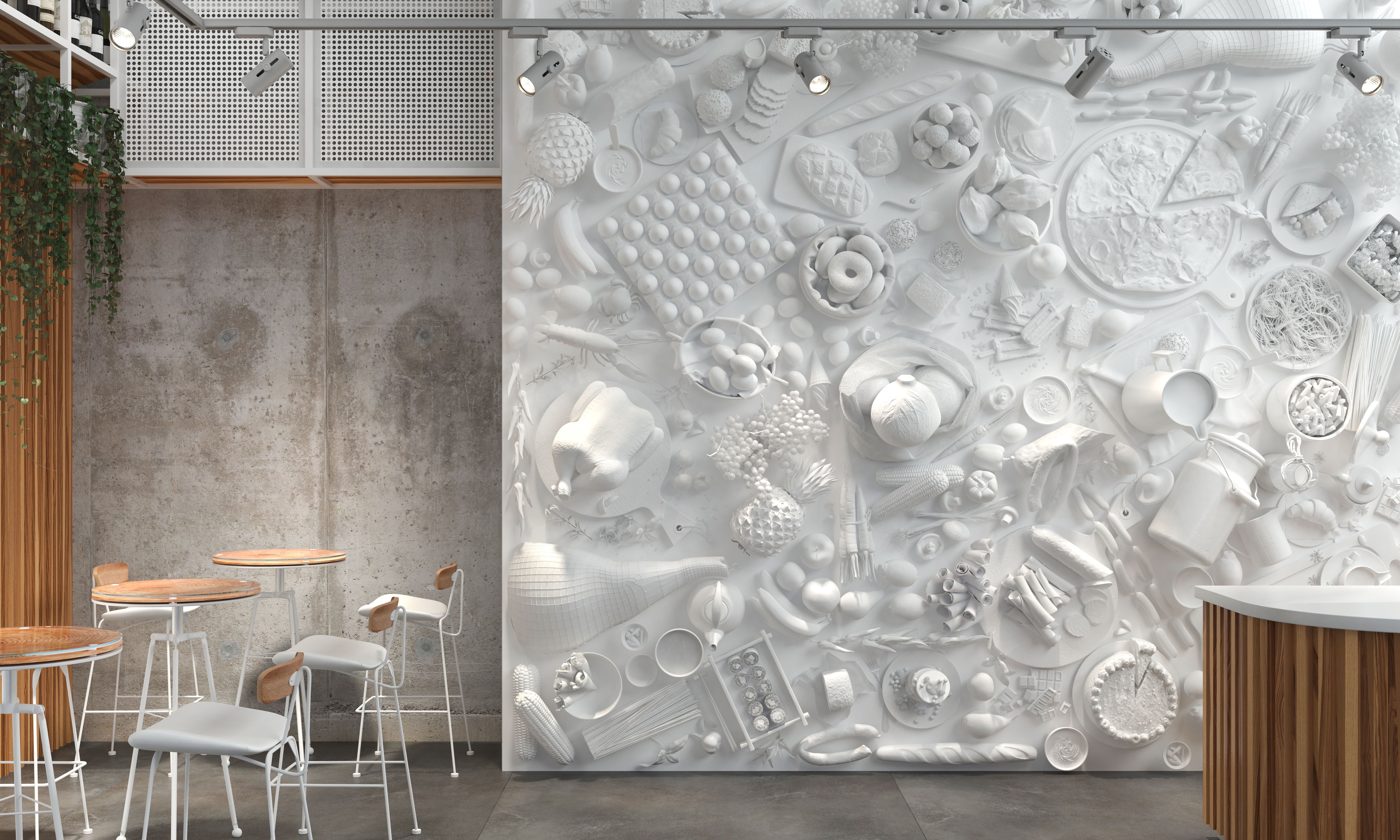 The interior of the restaurant hall or cafe with white monochrome composition of relief figures of foods and drinks. Modern creative unexpected interior design in loft style. 3D rendering.