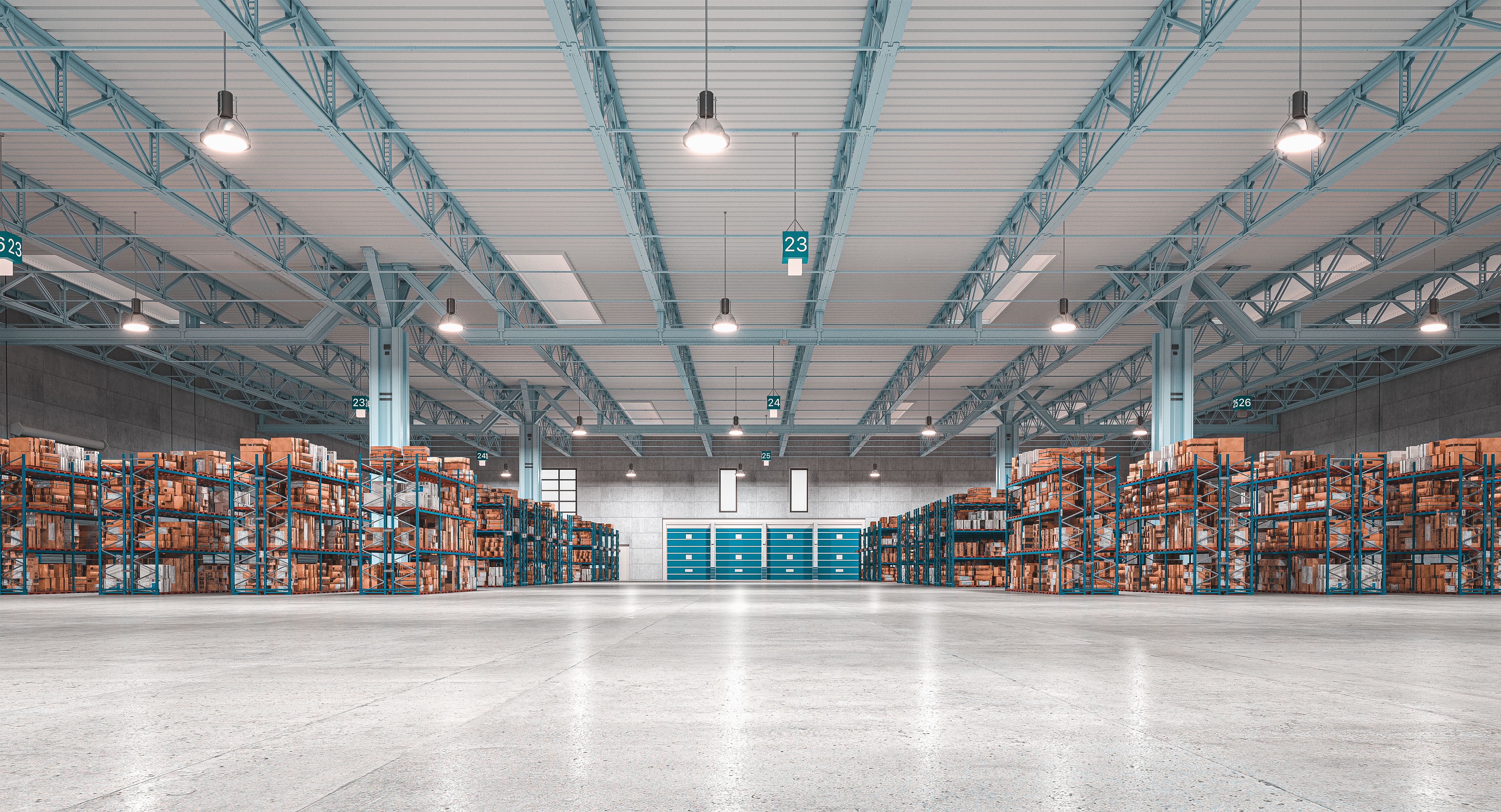 industrial interior, warehouse with goods and shelves.