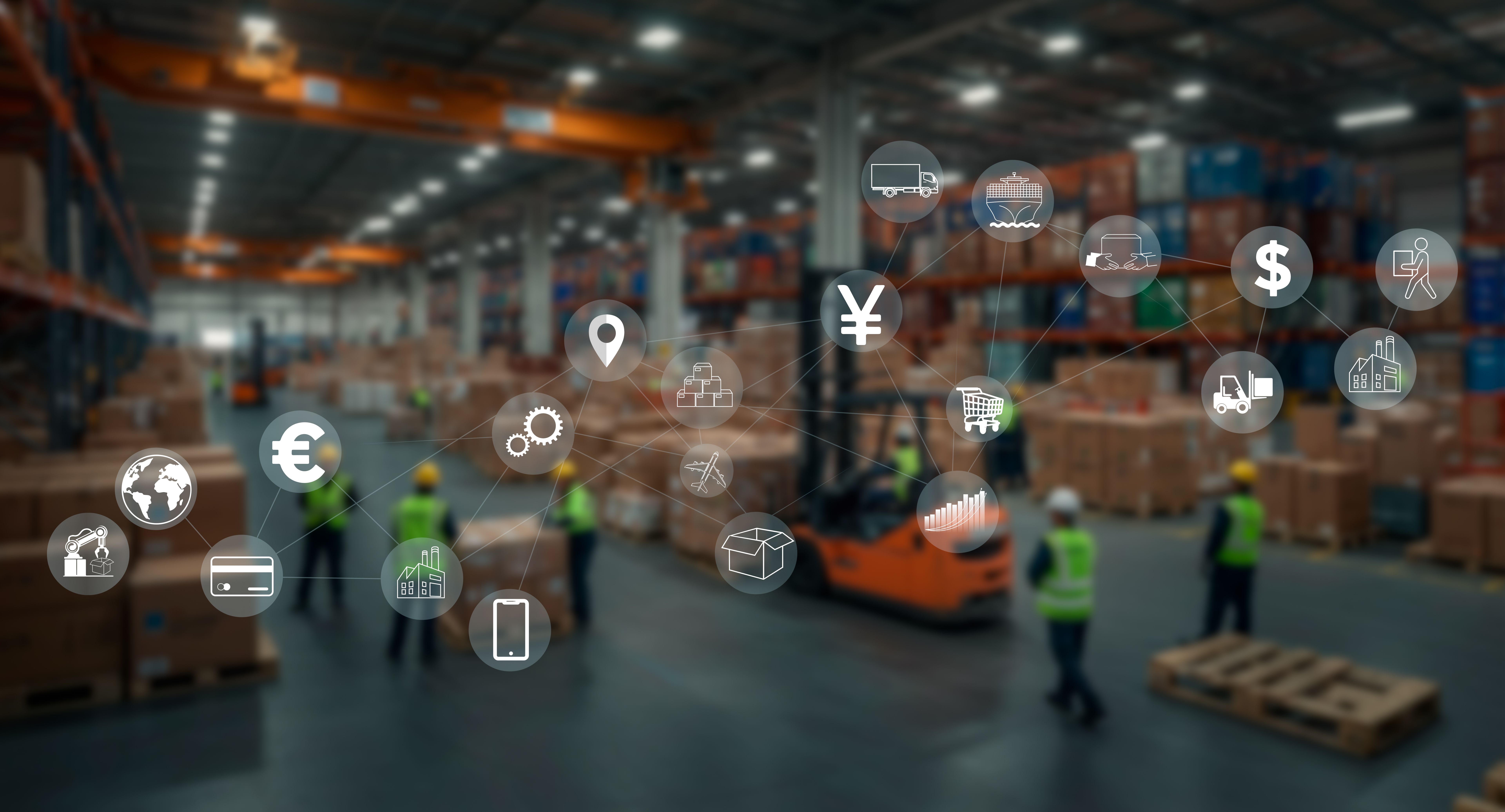 Logistics and international shipping concepts. Icons and symbols. Blurred background of a warehouse with workers
