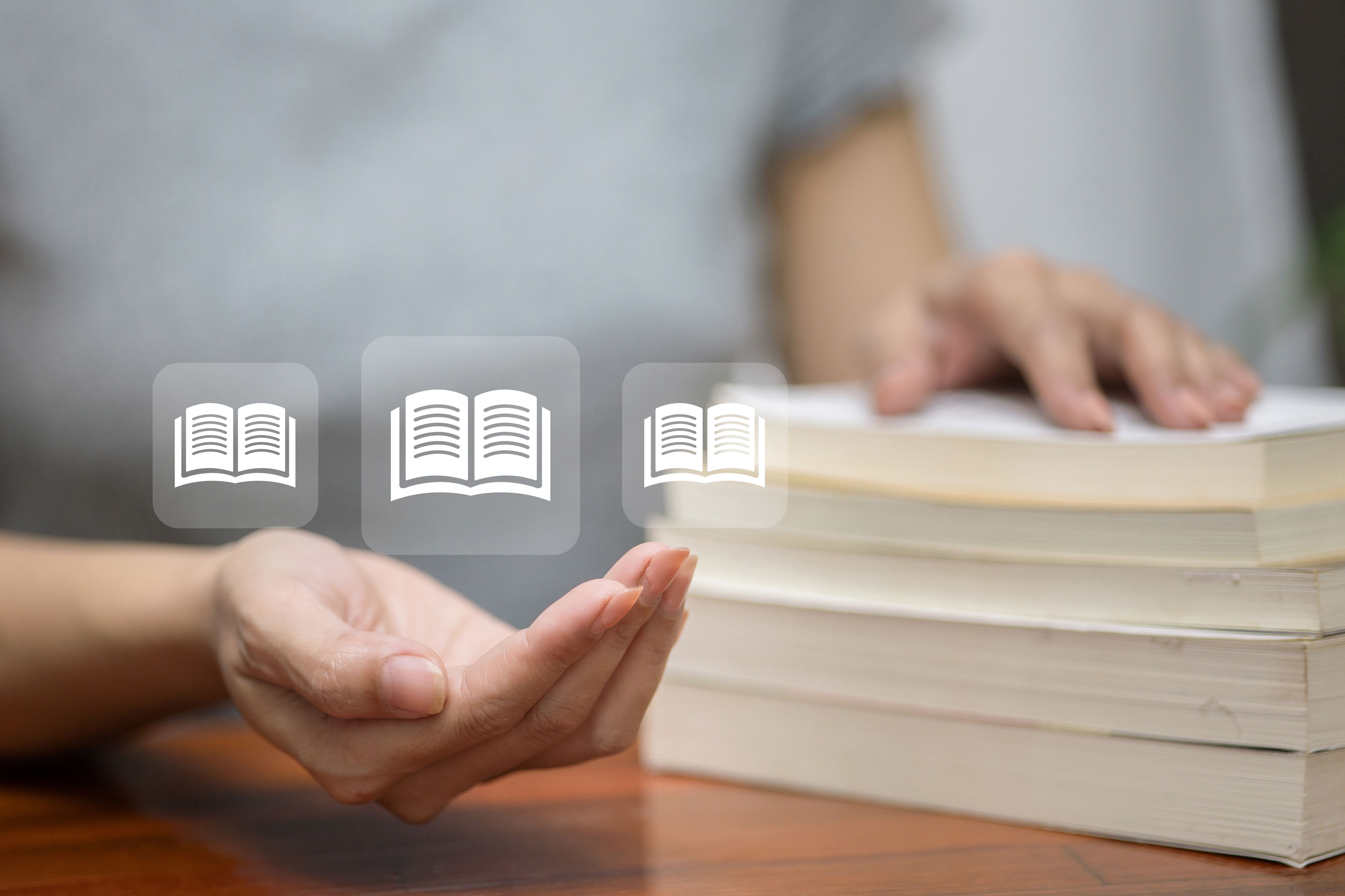 Books with Floating Digital Education Icons