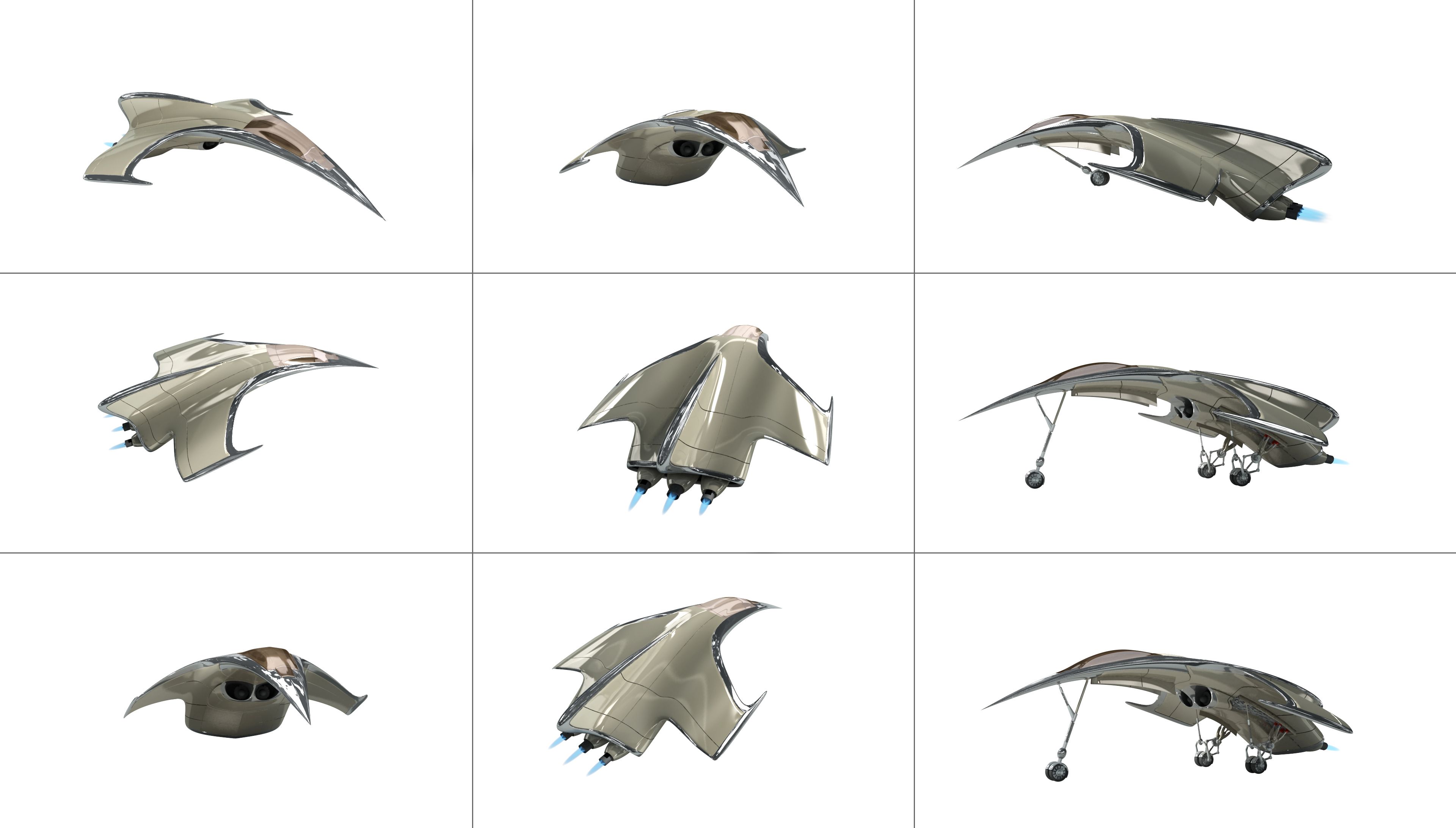 Collage of a futuristic aircraft from various angles