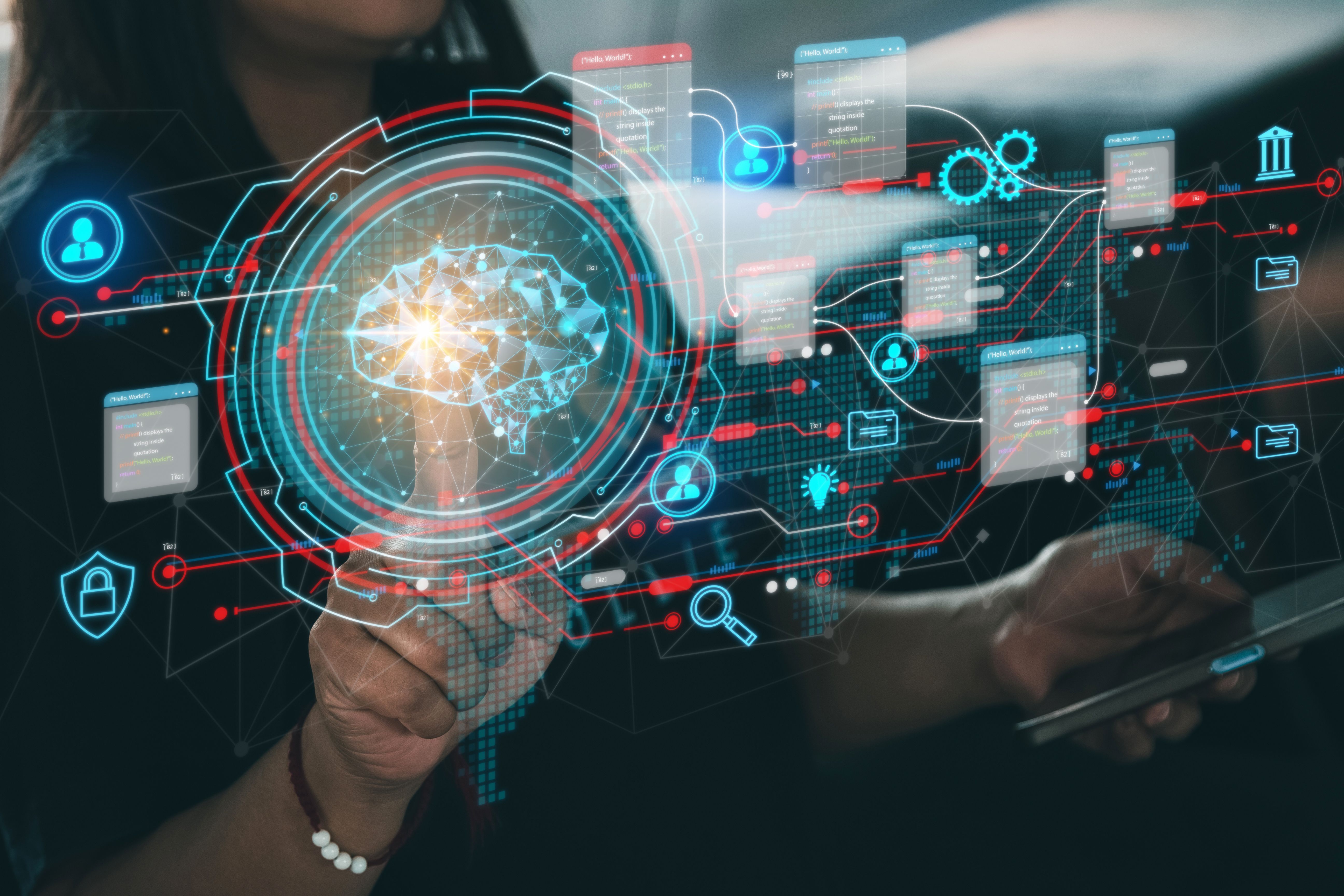 Person is touching a screen with a lot of icons. Concept of technology and the importance of understanding and using it digital internet. Cyber security network data on protection management concept. Person is touching a screen with a lot of icons. Concept of technology and the importance of understanding and using it digital internet. Cyber security network data on protection management concept.