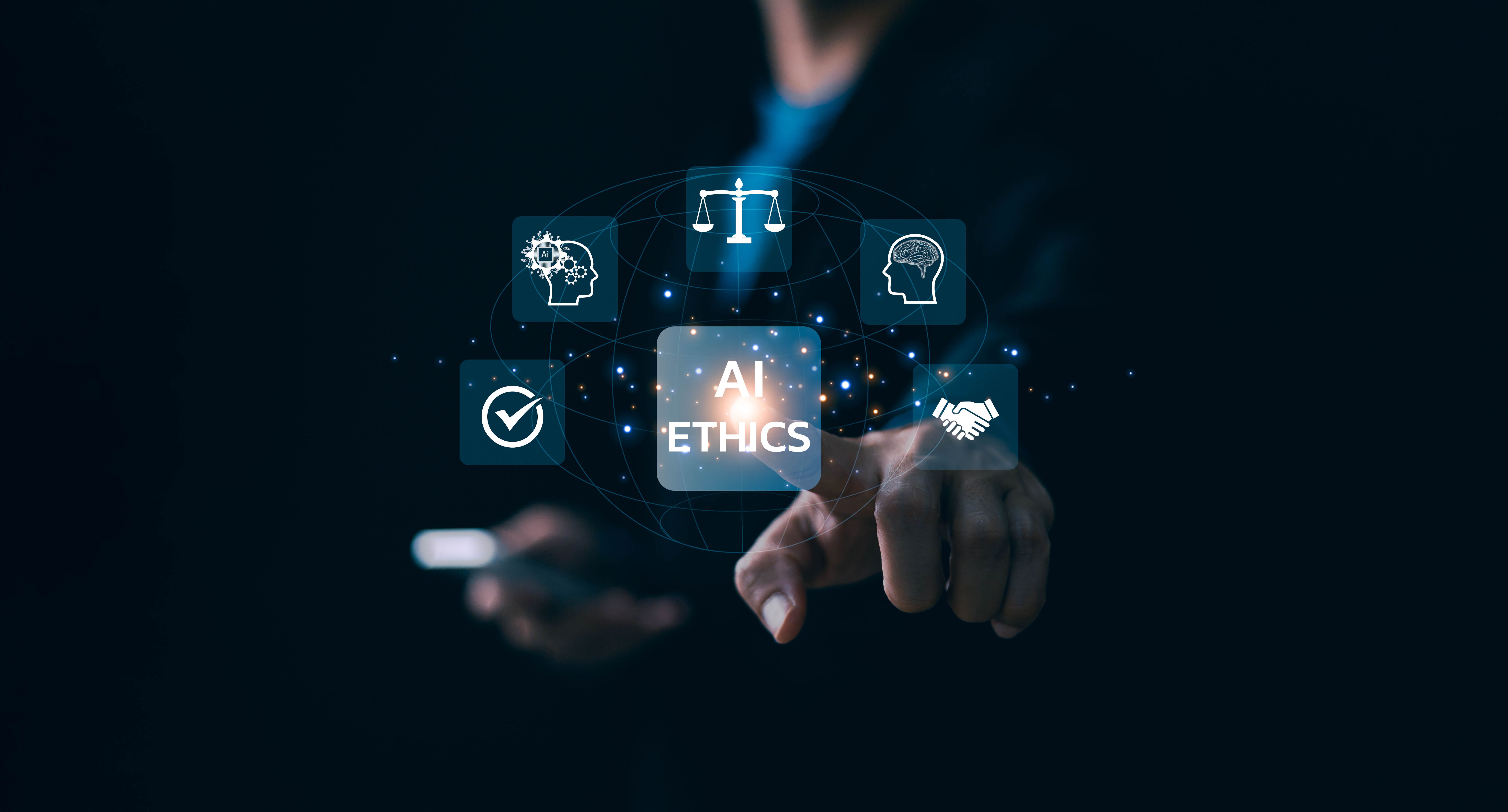 AI ethics or AI Law concept. Developing AI codes of ethics. Compliance, regulation, standard , business policy and responsibility for guarding against unintended bias in machine learning algorithms.