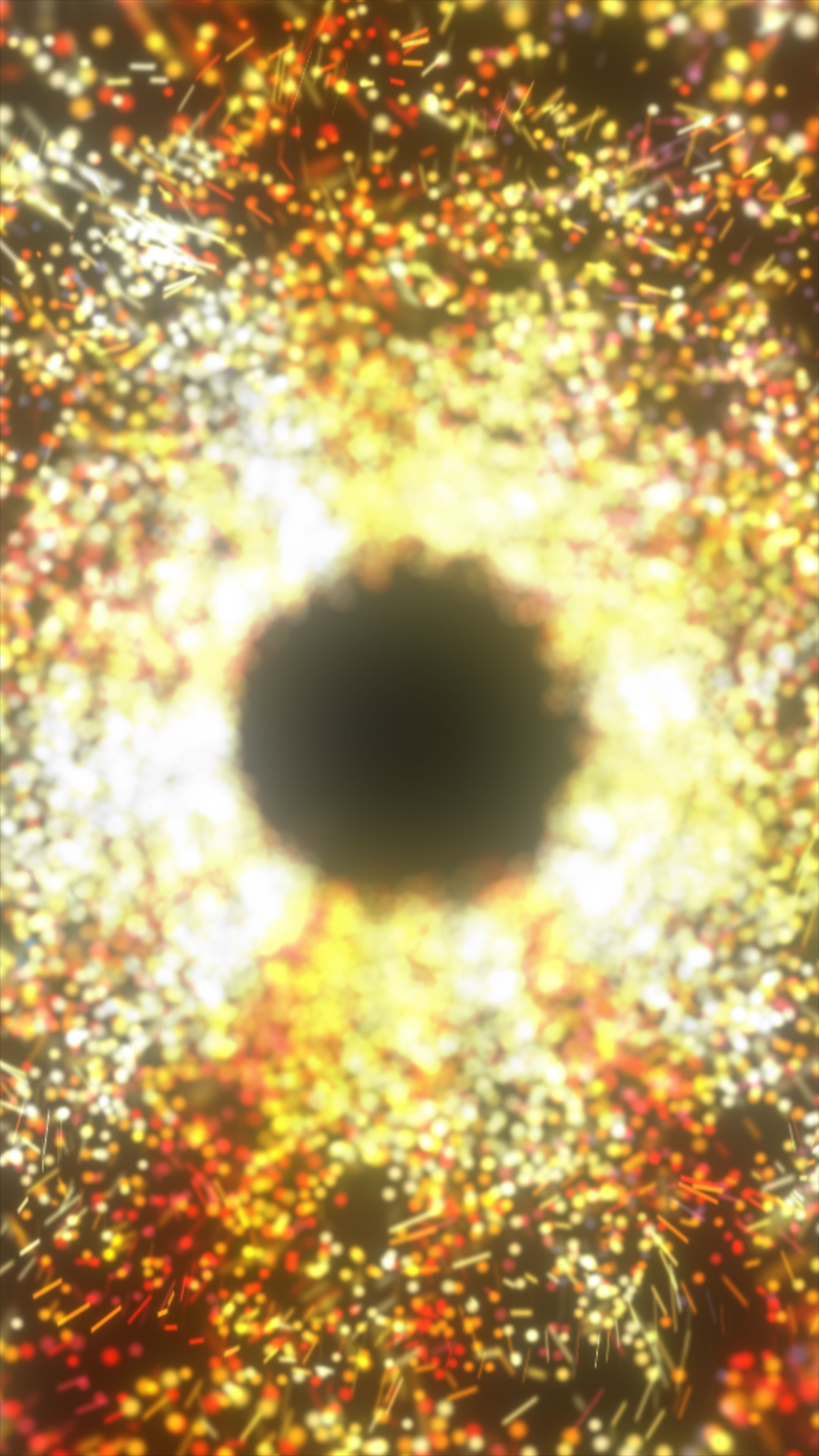 Bright circular void surrounded by sparkling particles in red, orange, and yellow hues, evoking a fiery portal