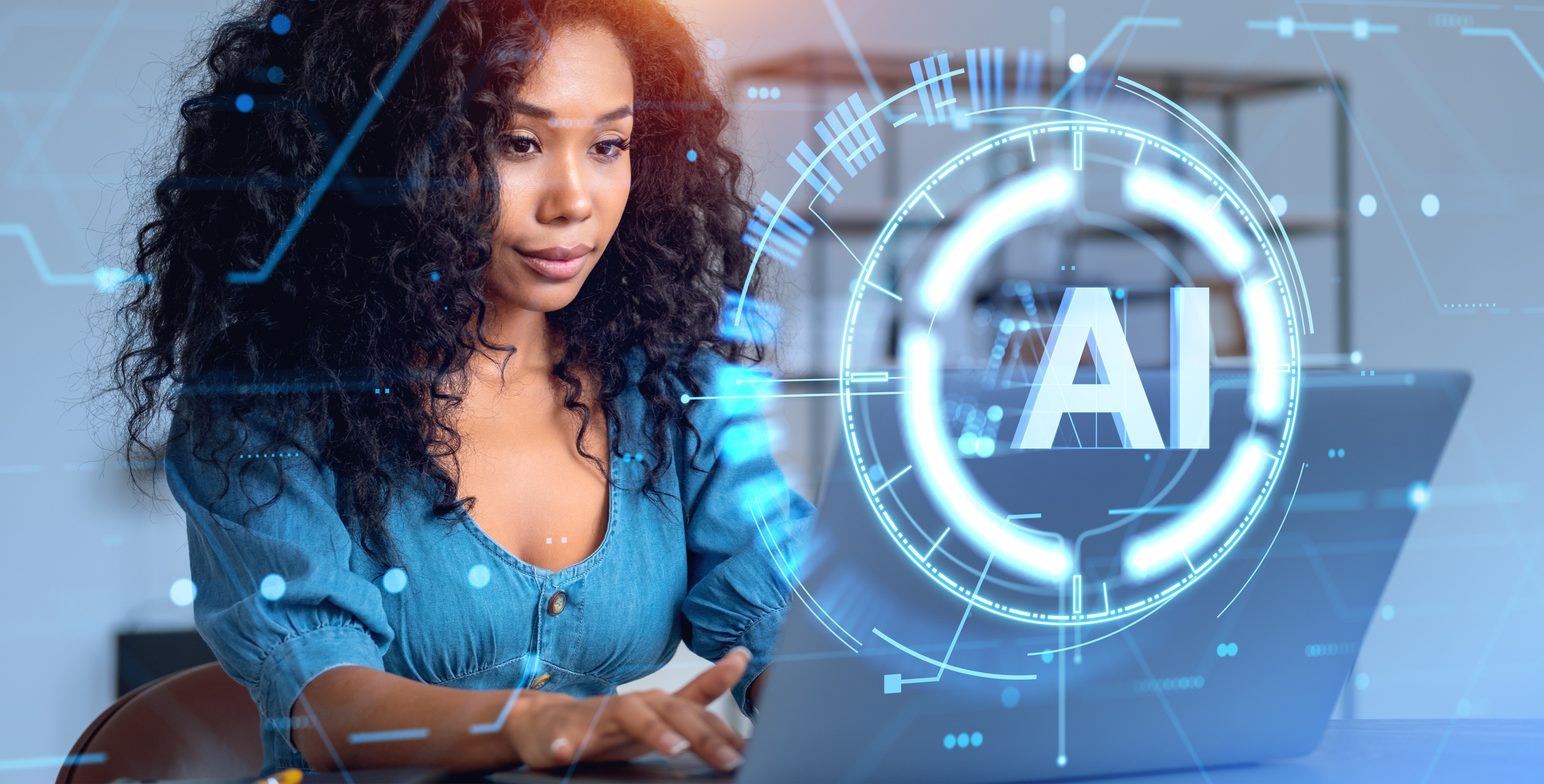 Woman with laptop, AI interface
