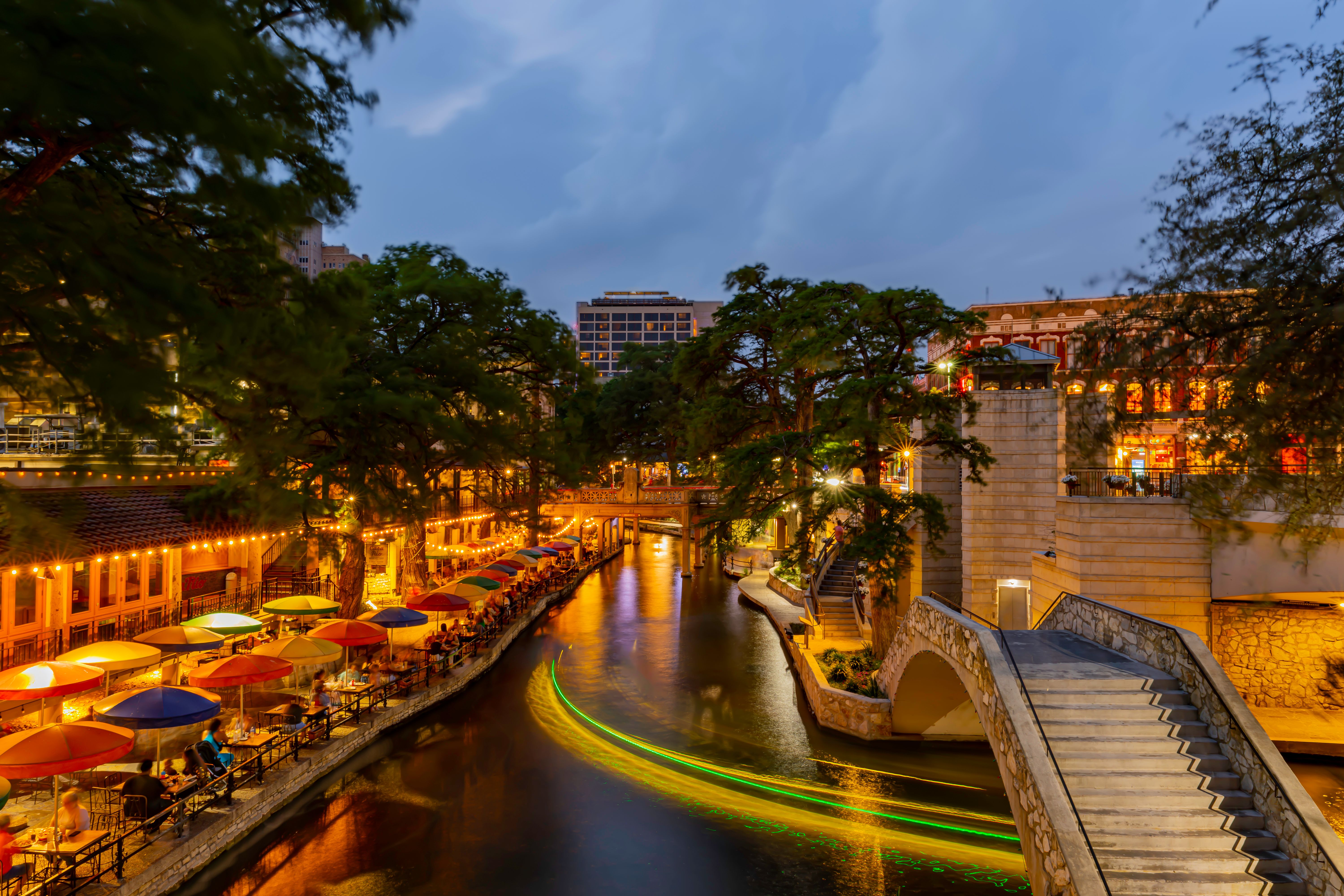 San Antonio River Walk at night in San Antonio, Texas, USA