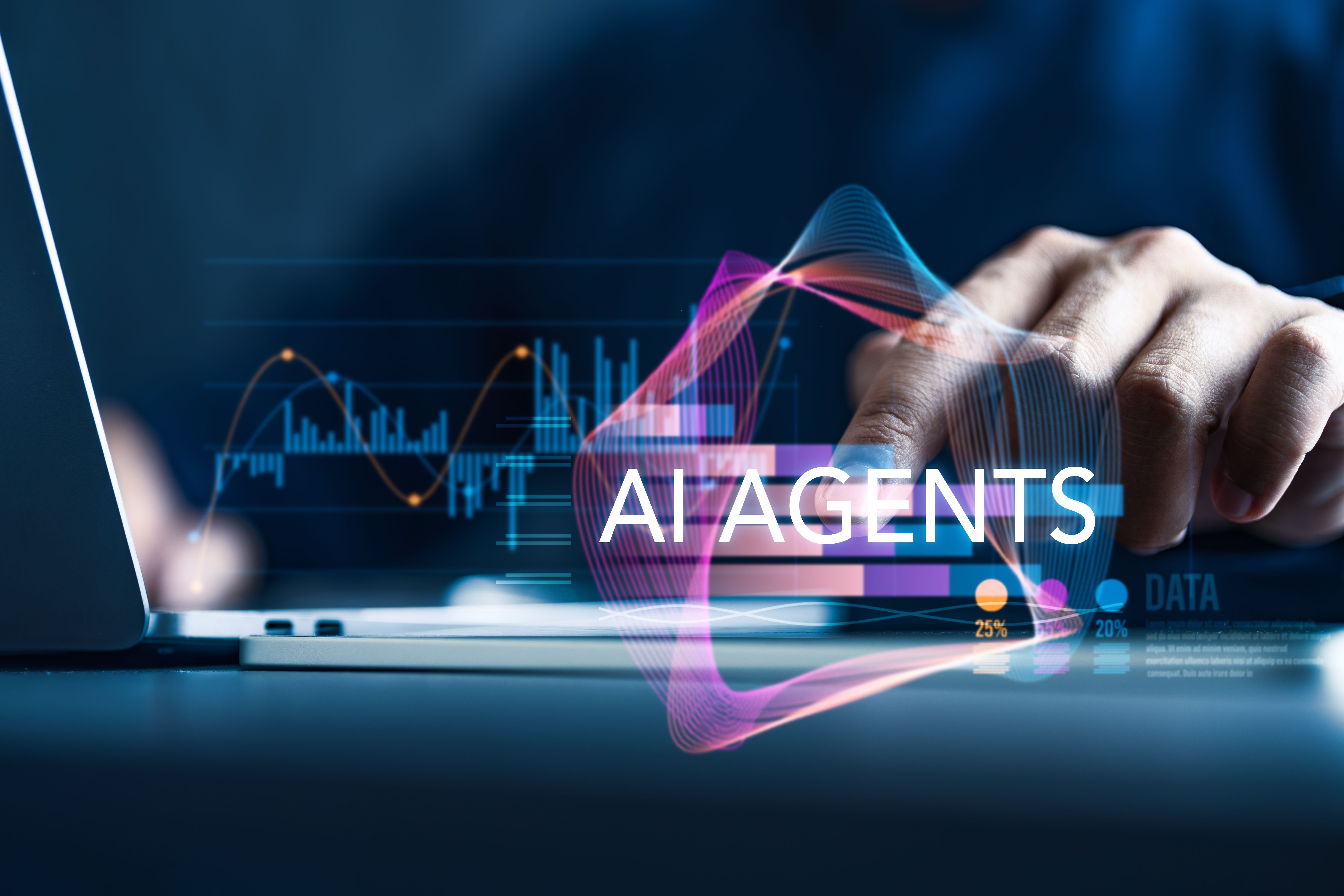 Concept of businessman using AI agent, smart financial planning assistant, data display dashboard, investment management, charts, graphs and digital financial data.