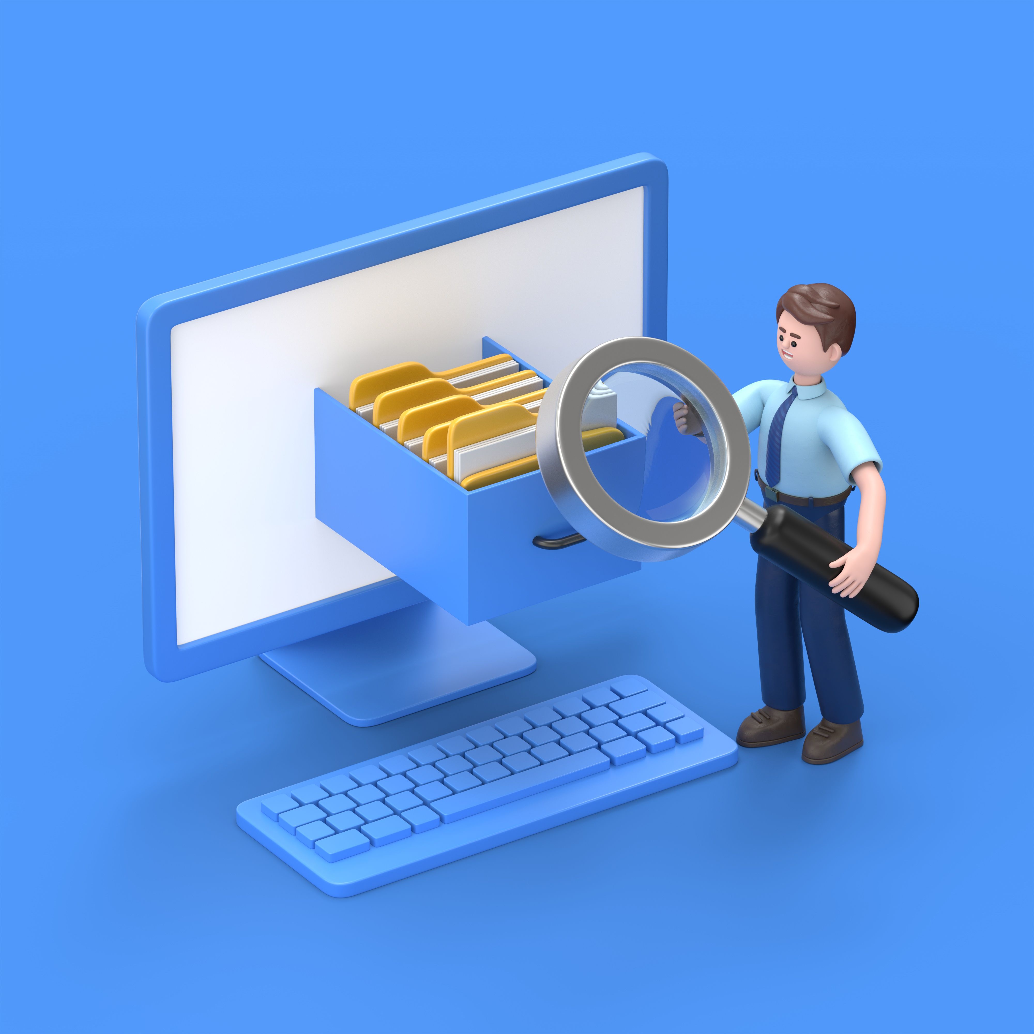 isometric 3D illustration on a blue background,3D illustration of Asian man Felix takes a folder from the shelf of the archive, a magnifier on the computer screen, search in the data archive