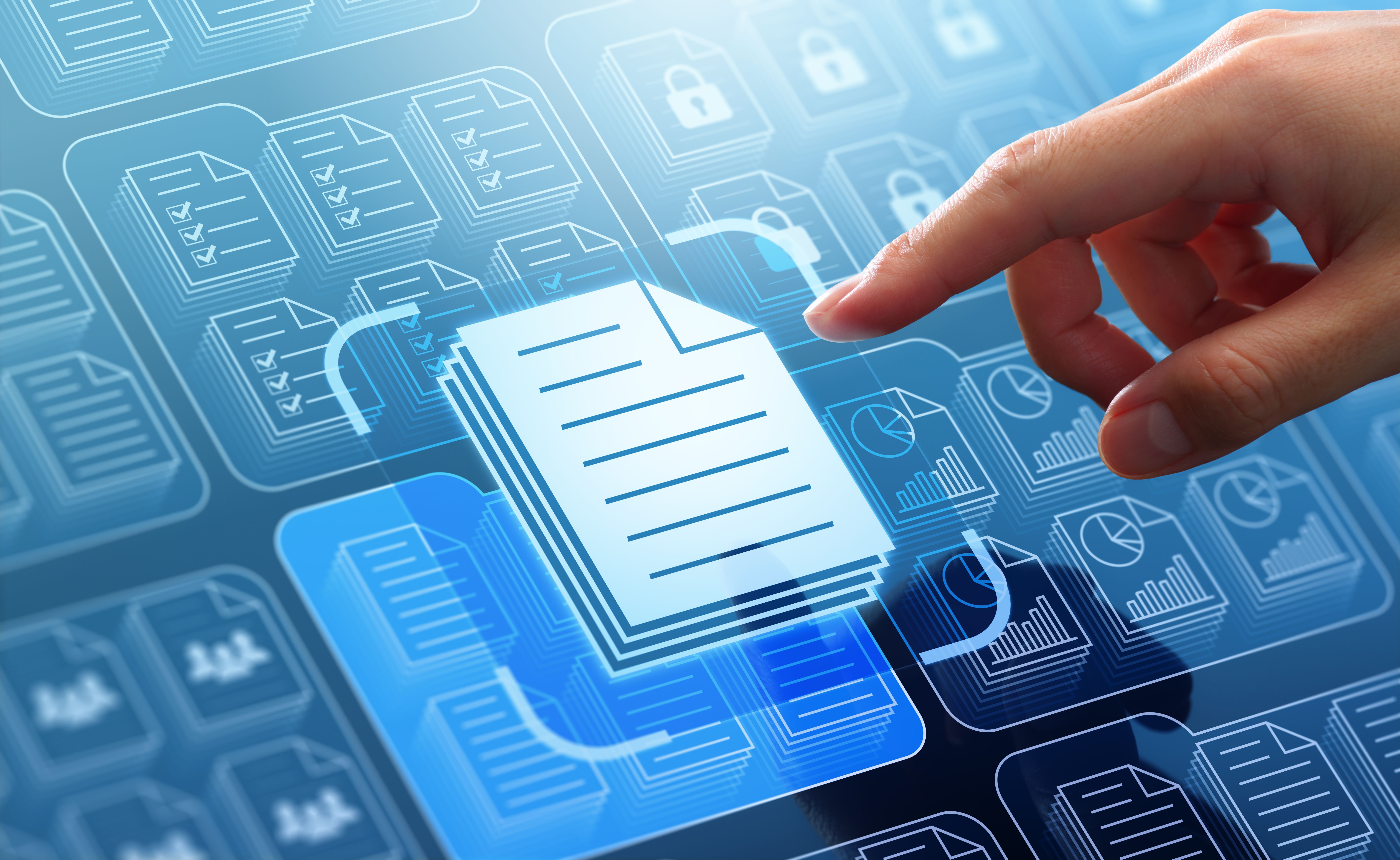 Document management system DMS in business. Digital file database technology.