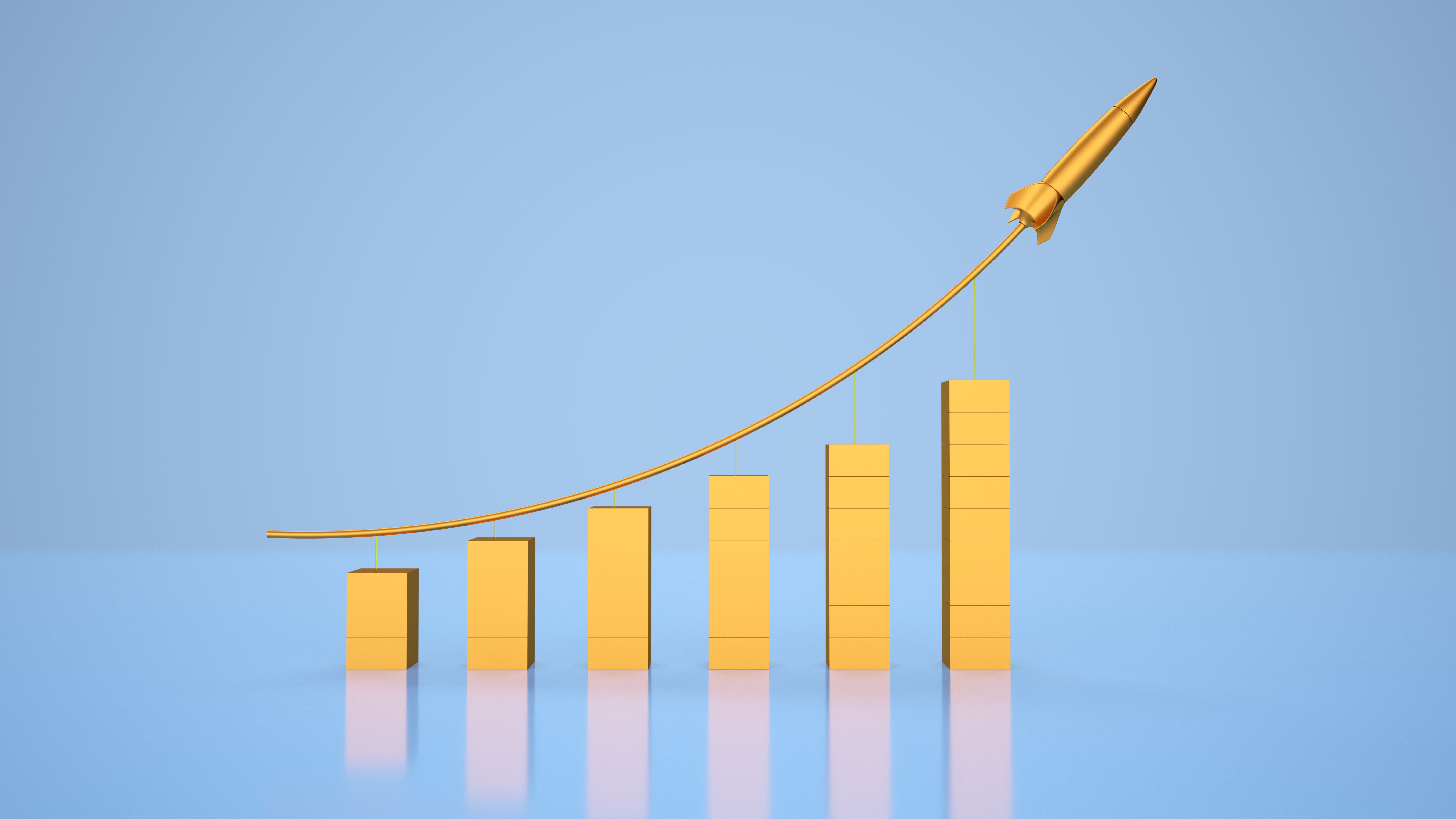 Ascending bar graph with rocket symbolizing nonprofit compliance success, financial transparency, and growth for 501(c)(3) organizations.
