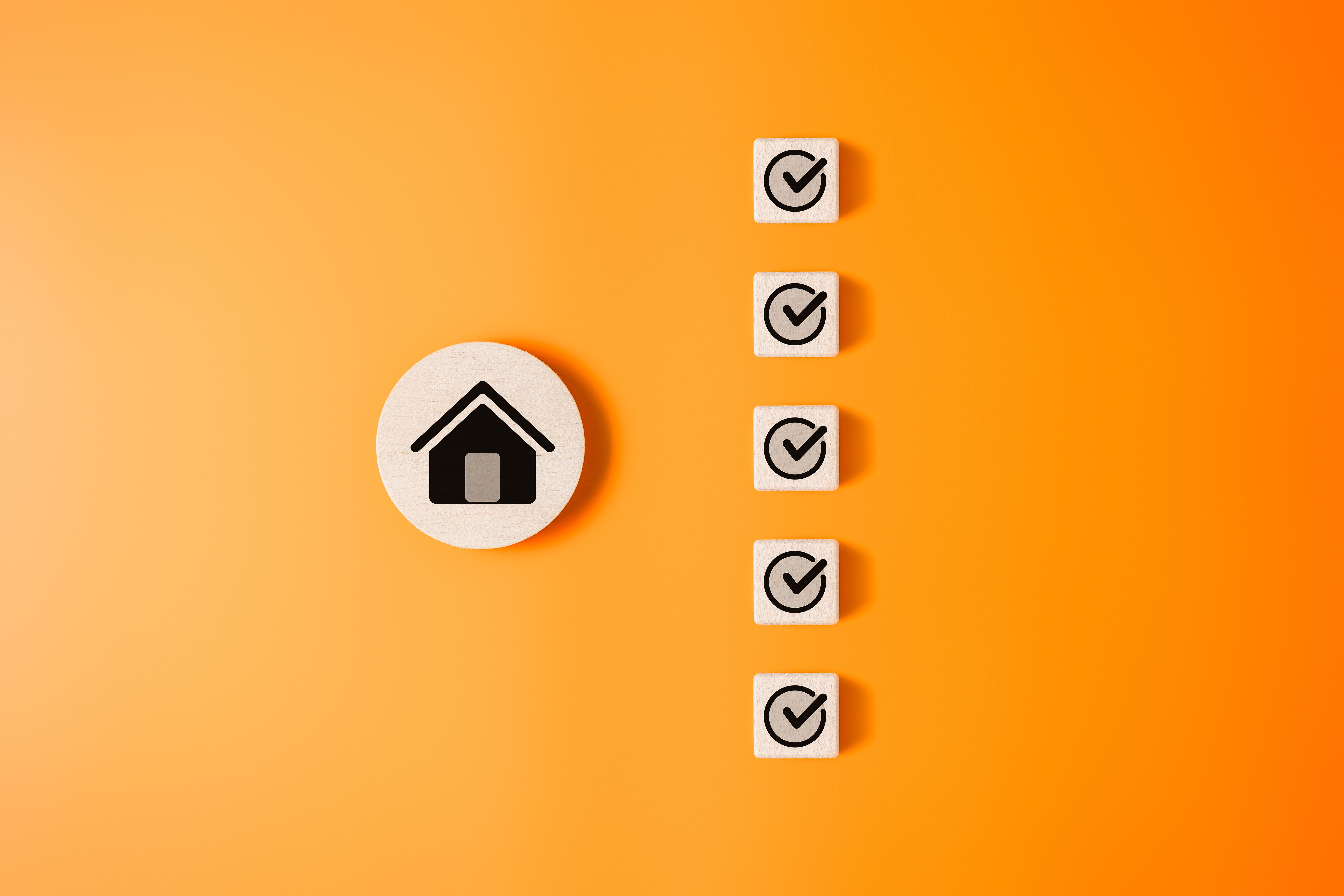 TSPE Phoenix Snowbird Homes Pest Control Checklist represented by Icon: wooden house and checkmark labels on orange background. TSPE Phoenix Snowbird Homes Pest Control Checklist represented by Icon: wooden house and checkmark labels on orange background.